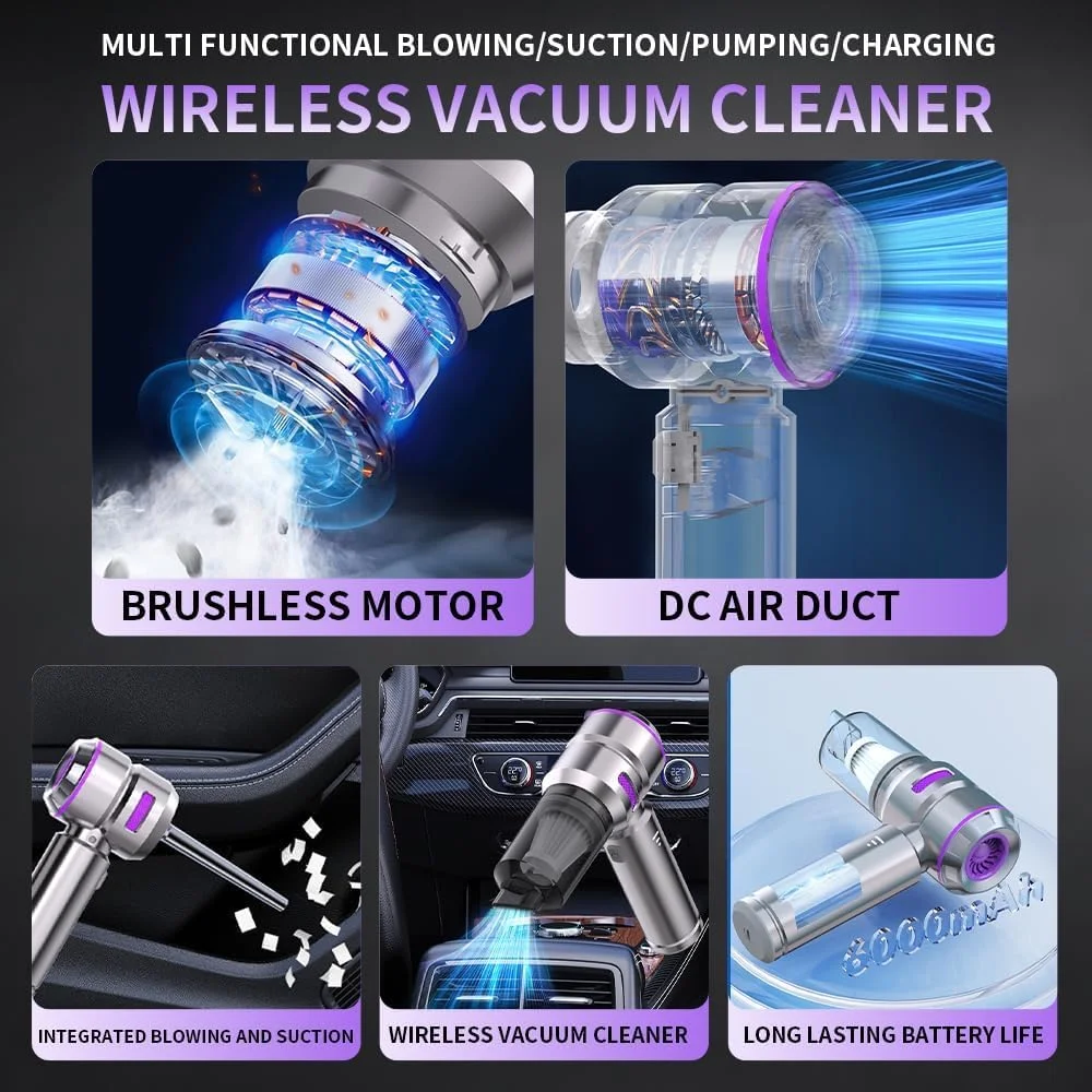 جاروبرقی دستی بی سیم، جاروبرقی دستی فشرده بی سیم با شارژ Type-C، موتور براشلس 4 در 1 برای ماشین، خانه، دفتر (بنفش)