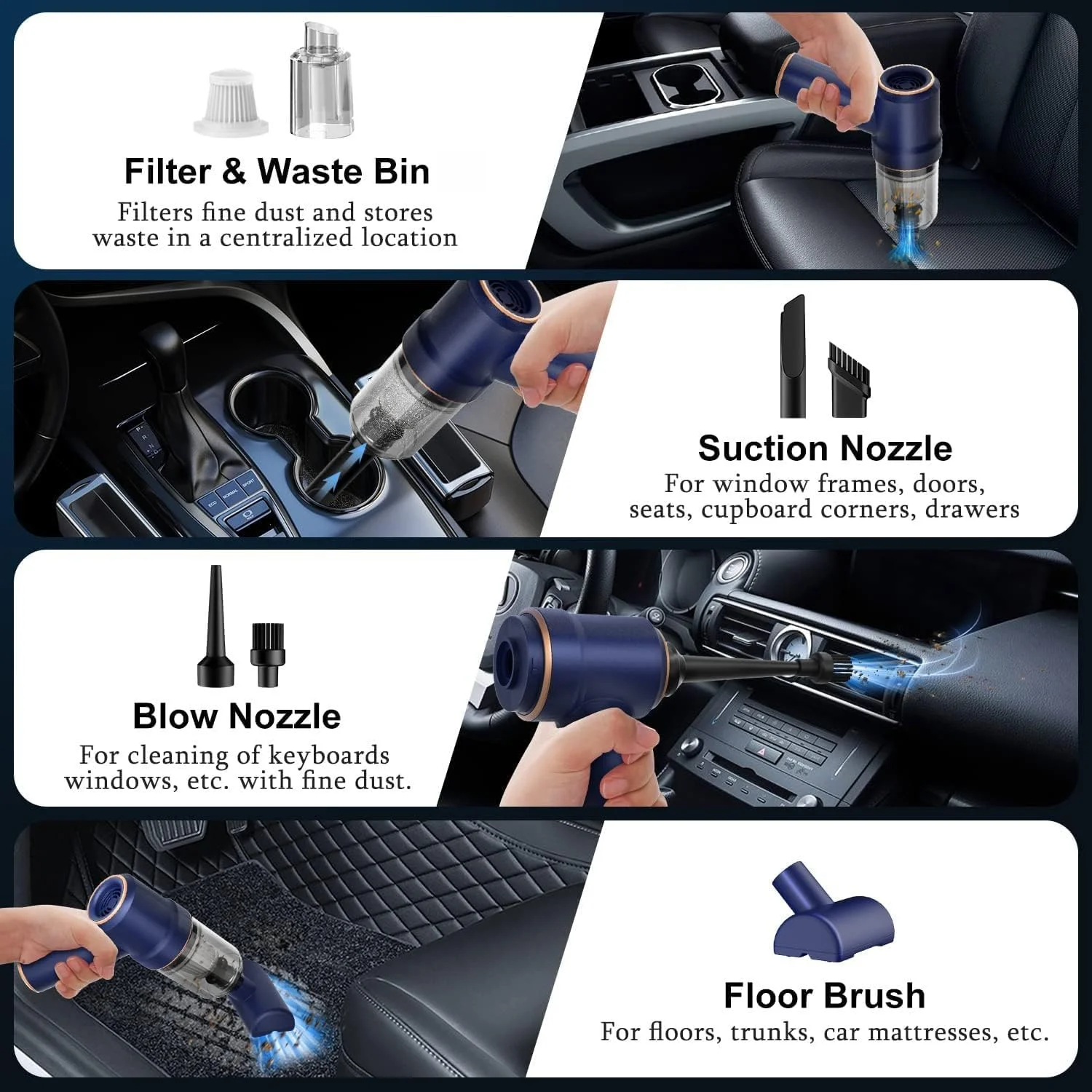 جاروبرقی دستی شارژی خودرو، مکش و دمنده 2 در 1، جاروبرقی قابل شارژ و گردگیر هوا، مکش قدرتمند 8000PA/120W مرطوب و خشک، با چراغ LED و نازل های چندگانه برای خودرو، خانه، دفتر، حیوانات خانگی
