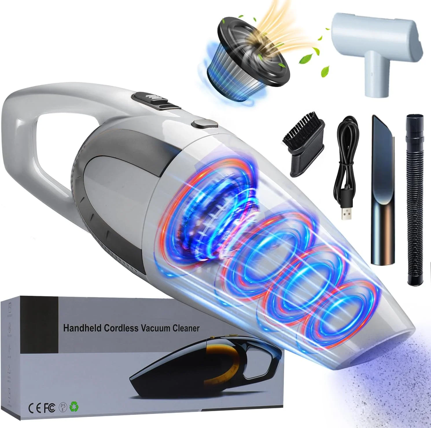 جاروبرقی دستی شارژی 16000Pa، جاروبرقی بی سیم دستی خودرو با مکش قوی، 120 وات قدرتمند، قابل شارژ USB، باتری بادوام 30 دقیقه ای، جاروبرقی کوچک قابل حمل، فیلتر استیل ضد زنگ، سفید