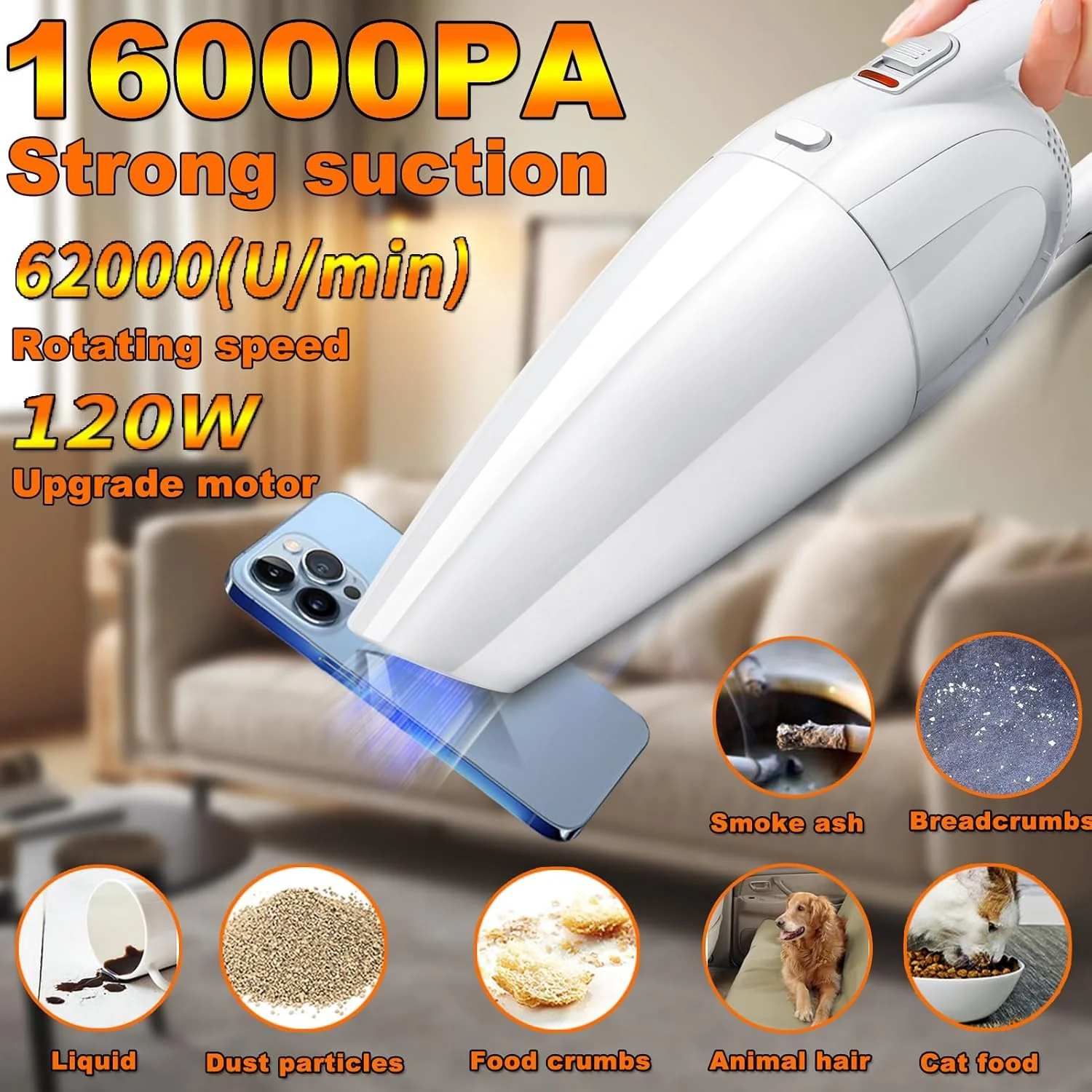 جاروبرقی دستی شارژی 16000Pa، جاروبرقی بی سیم دستی خودرو با مکش قوی، 120 وات قدرتمند، قابل شارژ USB، باتری بادوام 30 دقیقه ای، جاروبرقی کوچک قابل حمل، فیلتر استیل ضد زنگ، سفید