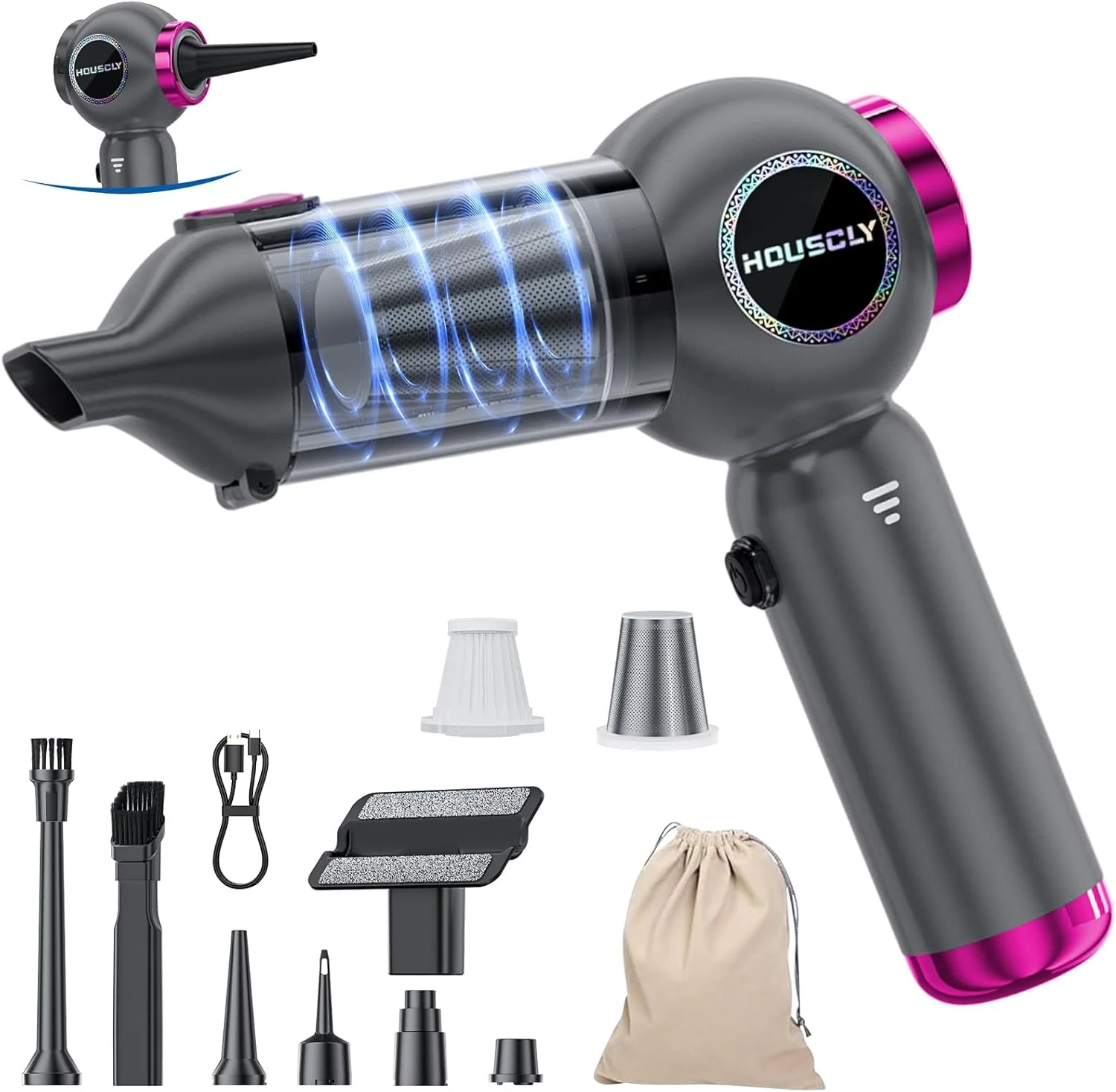 جاروبرقی دستی خودرو، قابل حمل، بدون سیم، 25000Pa، قدرت بالا، کوچک، مینی، قابل شارژ، 4 در 1، دمنده هوا فشرده، پمپ، جاروبرقی دستی بی سیم برای تمیز کردن خودرو، دفتر، میز، خانه