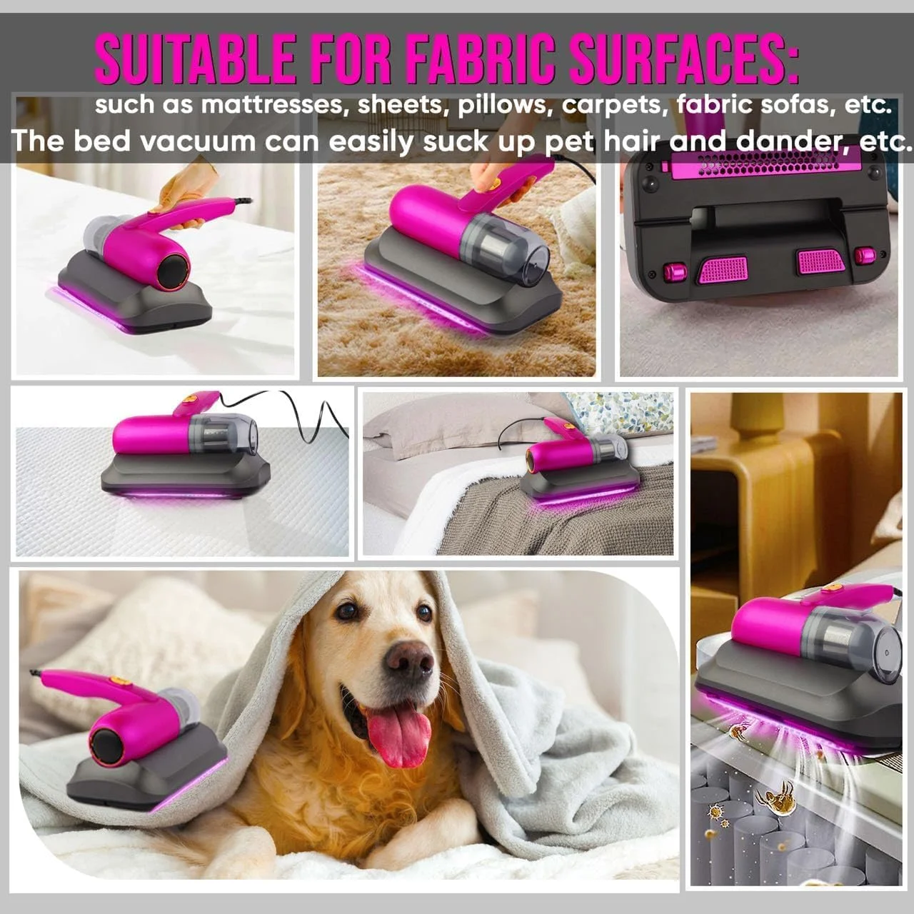 جاروبرقی دستی تشک، مکش 13Kpa، نور فرابنفش، فیلتر HEPA، صورتی