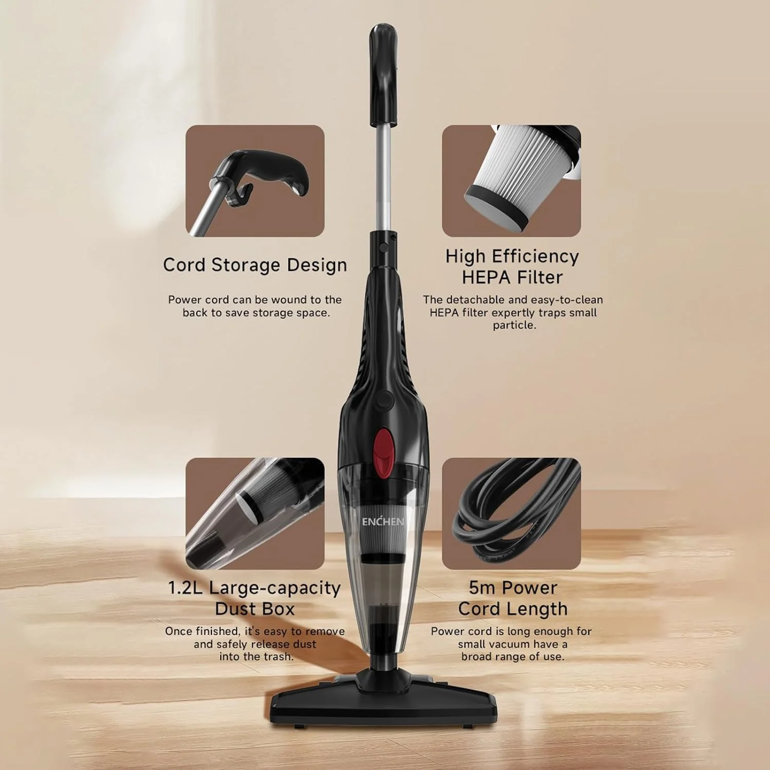 جاروبرقی دستی 2 در 1 اِنچن با سیم 5 متری، سبک وزن، قدرتمند 650 وات، مکش 14000 پاسکال، ظرفیت بزرگ 1.2 لیتری، سیستم فیلتراسیون مرکزی عالی برای خودرو، خانه و آشپزخانه