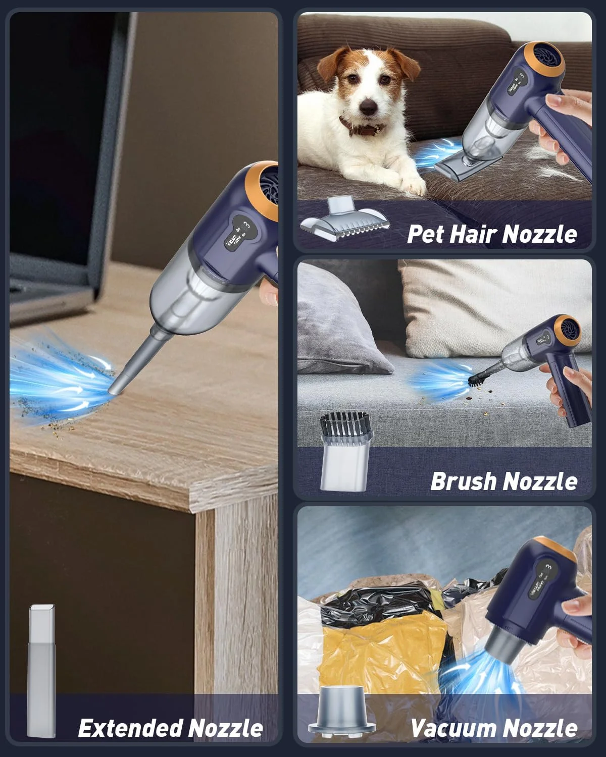 جاروبرقی دستی خودرو 4 در 1، دمنده گرد و غبار کوچک قابل حمل بی سیم Musclez 15000Pa با صفحه نمایش LED، مکش قوی قابل شارژ برای تمیز کردن خودرو، خانه، دفتر