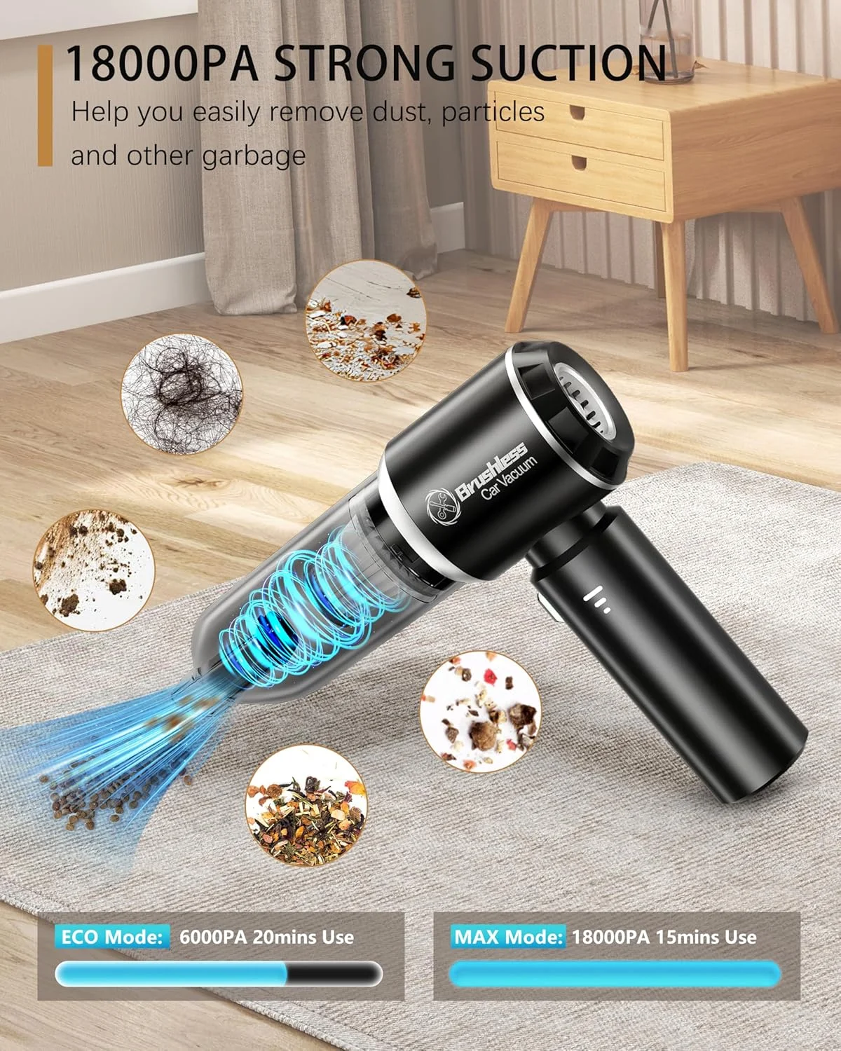 جاروبرقی دستی، جاروبرقی قابل حمل و سبک وزن خودرو با قدرت مکش بالا 18000Pa، جاروبرقی 4 در 1، بی سیم، جاروبرقی 3 سرعته خودرو با فیلتر HEPA قابل شستشو، چند منظوره