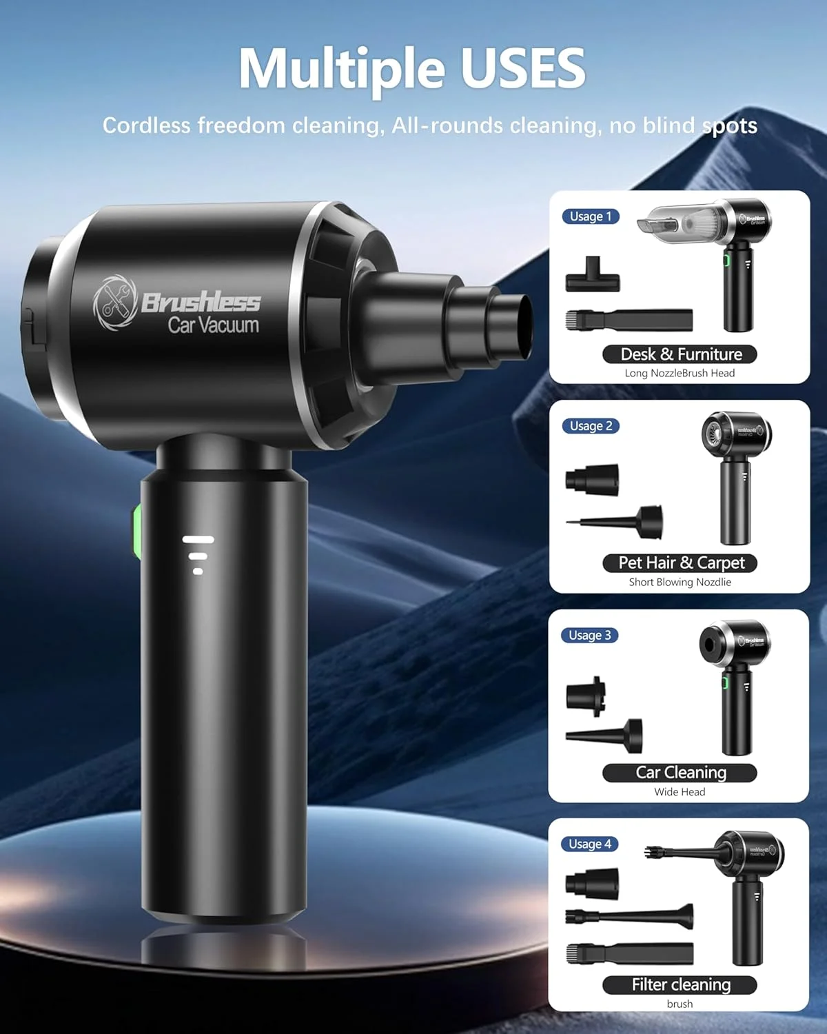 جاروبرقی دستی، جاروبرقی قابل حمل و سبک وزن خودرو با قدرت مکش بالا 18000Pa، جاروبرقی 4 در 1، بی سیم، جاروبرقی 3 سرعته خودرو با فیلتر HEPA قابل شستشو، چند منظوره