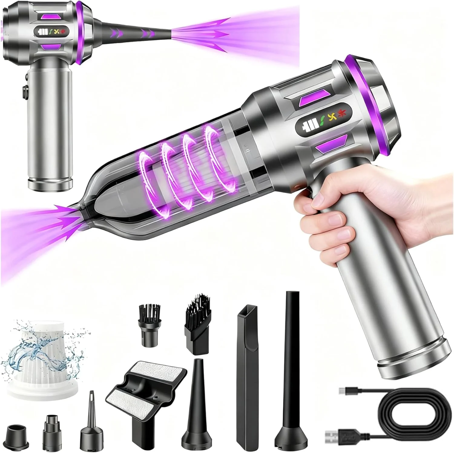 جاروبرقی شارژی خودرو، جاروبرقی دستی قدرتمند با مکش 25000Pa و عملکرد دمنده، مناسب موی حیوانات خانگی، خانه، دفتر، آشپزخانه