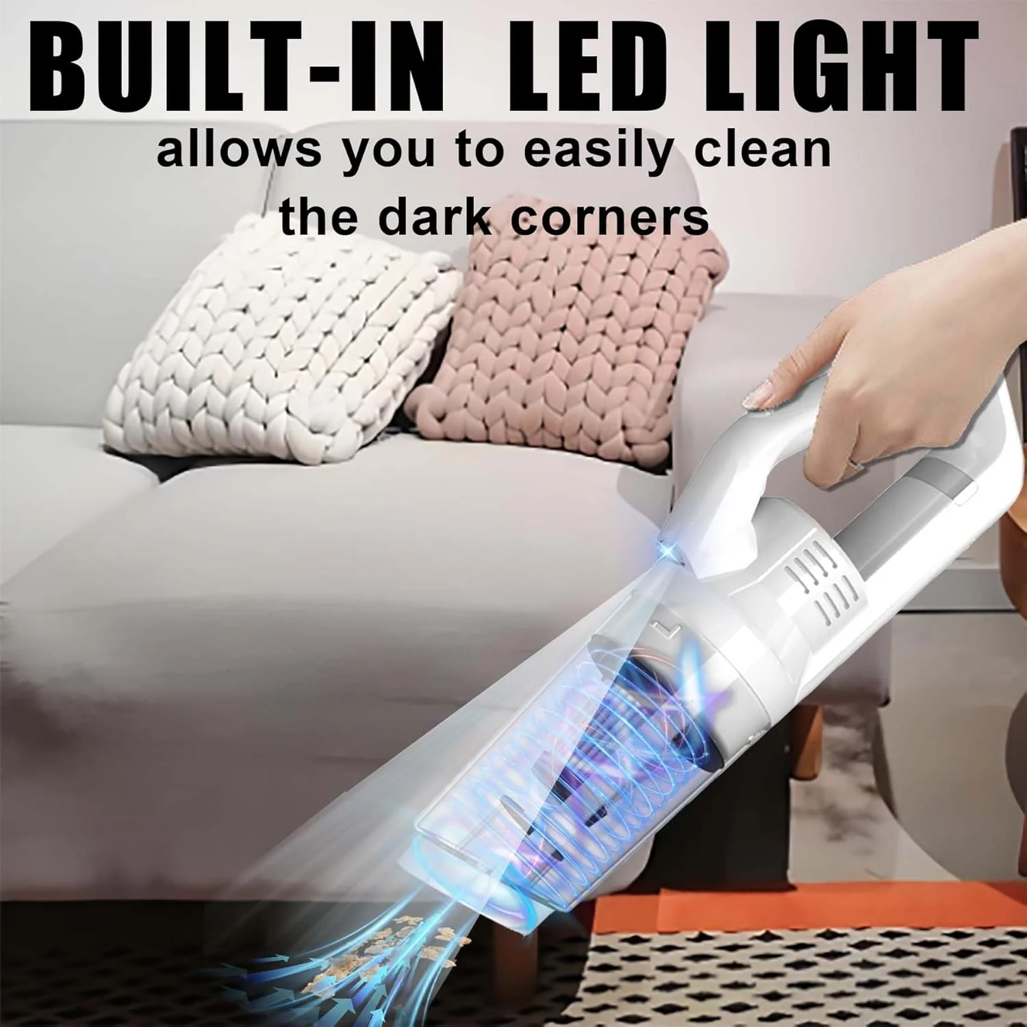 جاروبرقی دستی، جاروبرقی کوچک با مکش قدرتمند 15000Pa، جاروبرقی قابل حمل و سبک وزن با چراغ های LED، جاروبرقی شارژی خودرو برای موی حیوانات خانگی، خودرو، خانه، دفتر (سفید)