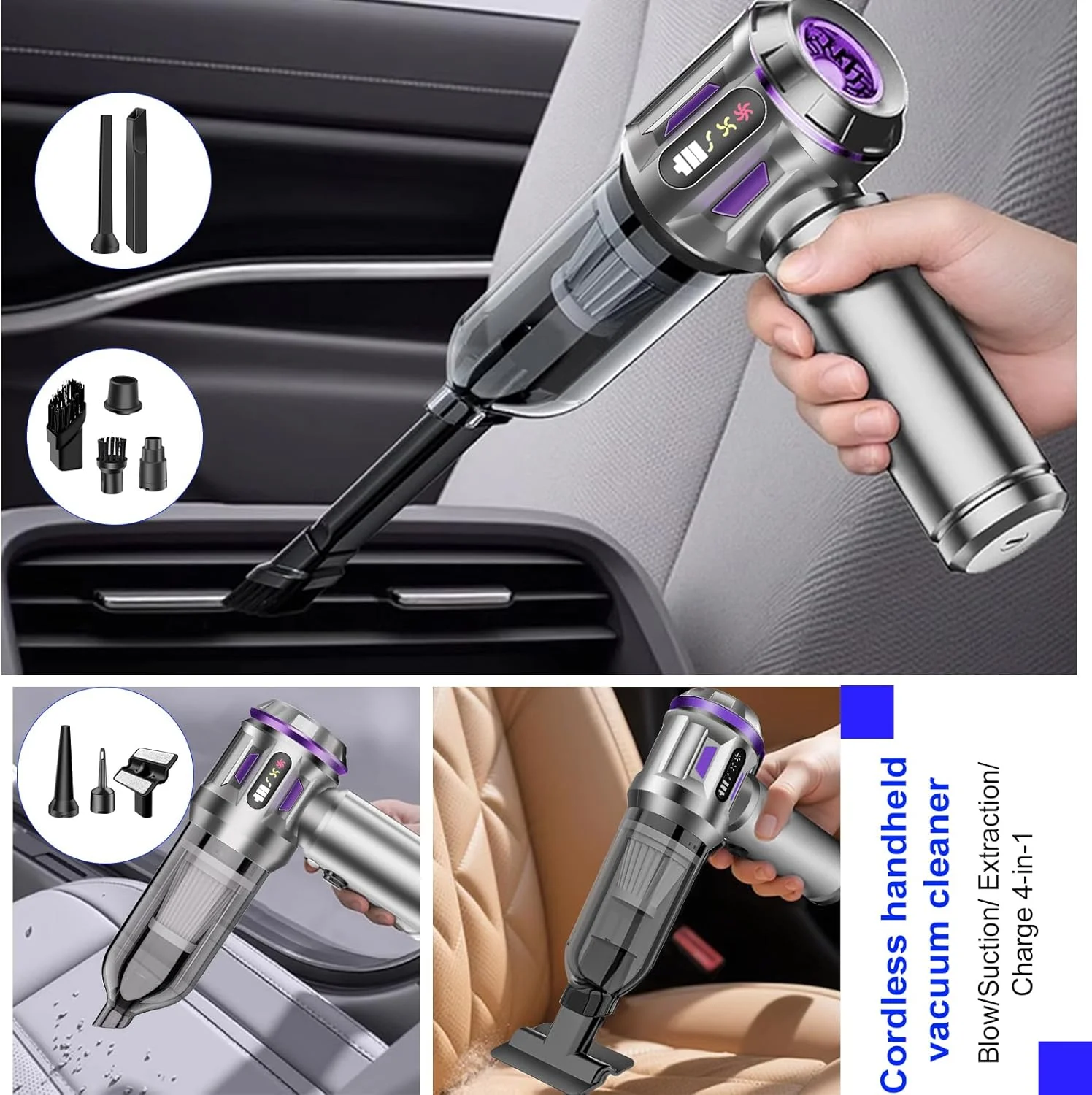 جاروبرقی شارژی خودرو، جاروبرقی دستی قدرتمند با مکش 25000Pa و عملکرد دمنده، مناسب موی حیوانات خانگی، خانه، دفتر، آشپزخانه