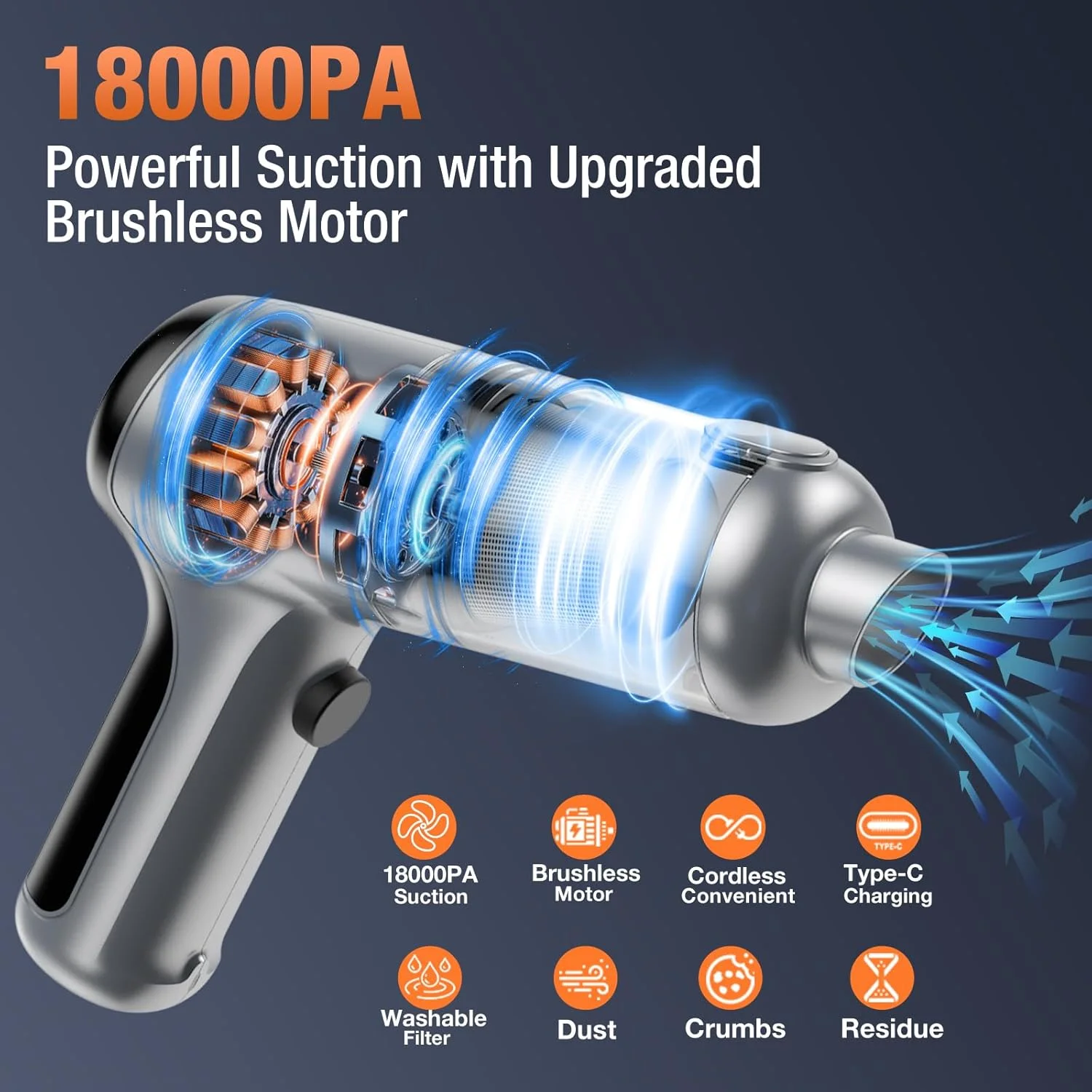 دمنده هوای کوچک دستی/جاروبرقی خودرو، دمنده/جاروبرقی برقی قابل شارژ با موتور براشلس، مکش/دمنده بی سیم پرقدرت 18000pa، جاروبرقی قابل حمل برای کامپیوتر، نقره ای
