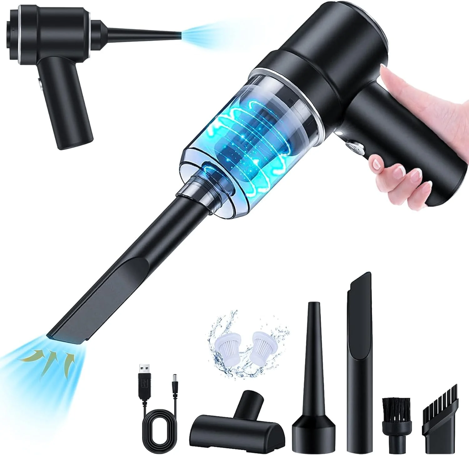 جاروبرقی دستی خودرو L&E HELEE، جاروبرقی و گردگیر هوا با قدرت مکش 9000Pa، جاروبرقی دستی 120 واتی پرقدرت تر و خشک با چراغ LED و نازل های چندگانه برای خودرو، خانه، دفتر، حیوانات خانگی (مشکی)