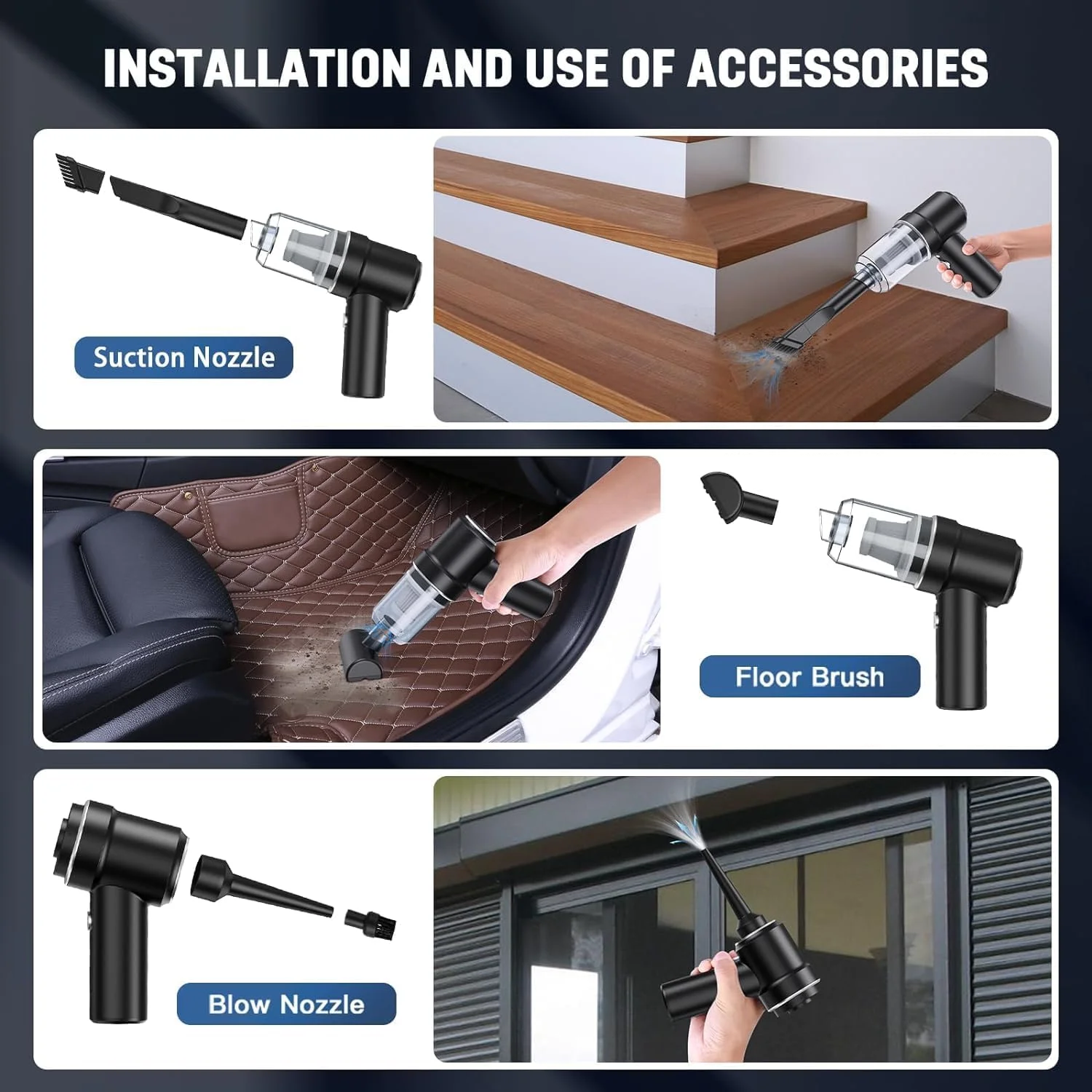 جاروبرقی دستی خودرو L&E HELEE، جاروبرقی و گردگیر هوا با قدرت مکش 9000Pa، جاروبرقی دستی 120 واتی پرقدرت تر و خشک با چراغ LED و نازل های چندگانه برای خودرو، خانه، دفتر، حیوانات خانگی (مشکی)