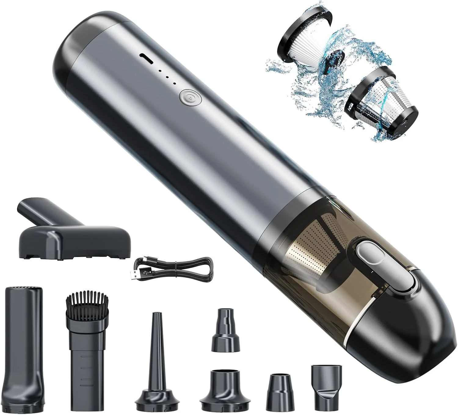 جاروبرقی دستی بی سیم HIRIKEYI، جاروبرقی قابل حمل خودرو با موتور براشلس و مکش قوی 16000Pa، جاروبرقی کوچک 4 در 1 قابل شارژ، جاروبرقی دستی فلزی برای خودرو، خانه، دفتر و حیوانات خانگی، خاکستری