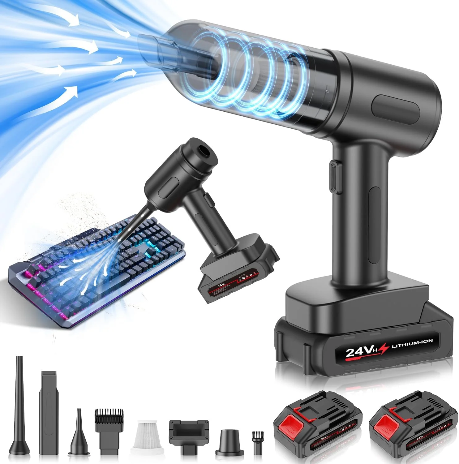 جاروبرقی دستی بی سیم با 2 باتری، جاروبرقی قابل حمل خودرو و گردگیر هوا، جاروبرقی دستی سبک وزن قابل شارژ، جاروبرقی کوچک 24 ولت / 60 وات برای خودرو، خانه، دفتر، حیوانات خانگی