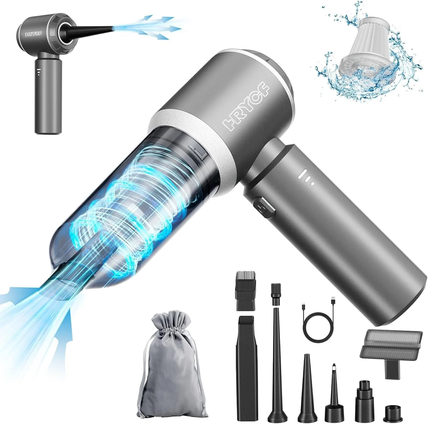 جاروبرقی کوچک خودرو، 4 در 1 با قدرت بالا 20000PA، جاروبرقی قابل حمل شارژی با موتور براشلس، جاروبرقی دستی کوچک و دمنده هوا و پمپ برای خودرو، خانه، دفتر - خاکستری