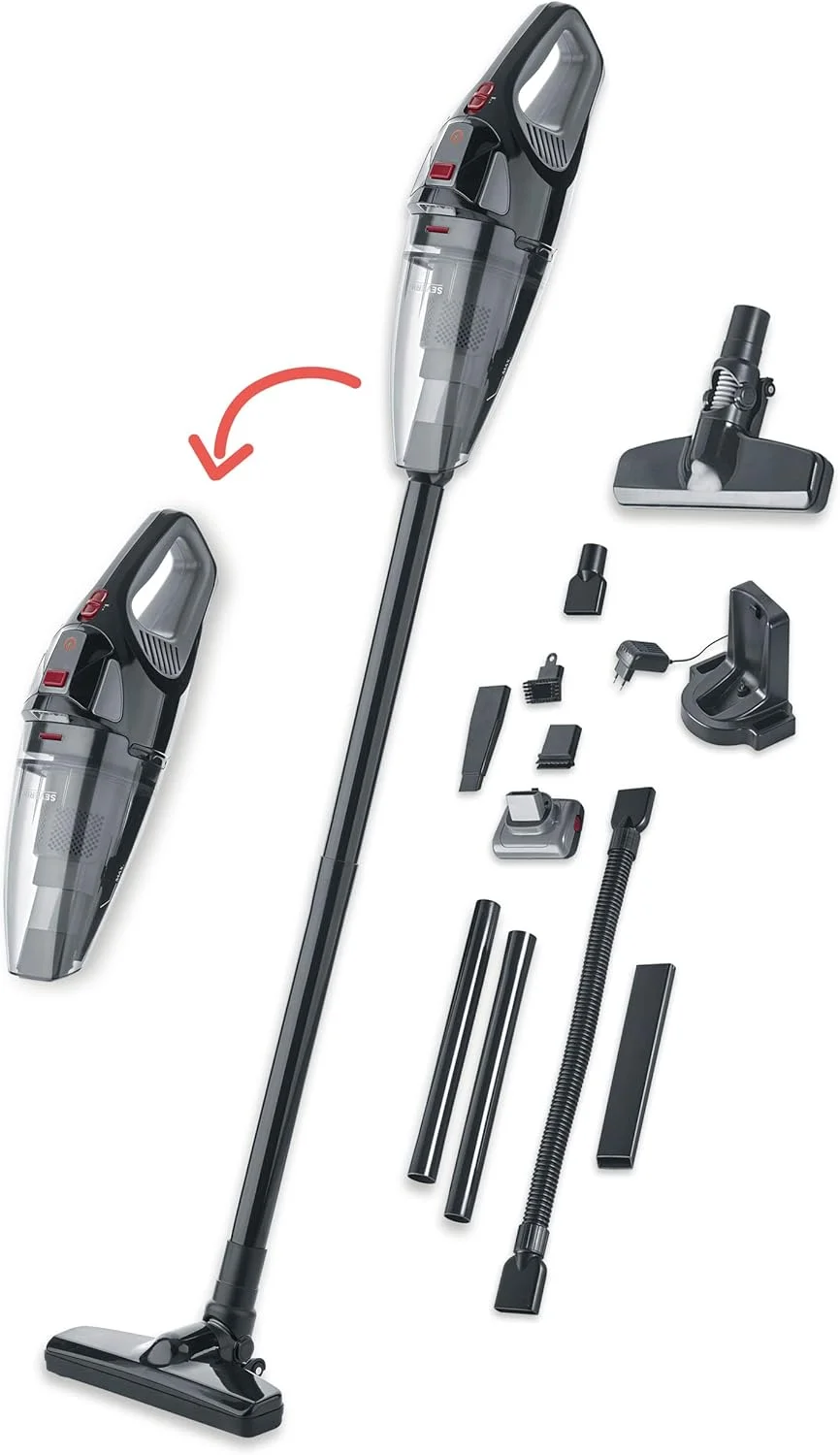 جاروبرقی دستی شارژی SEVERIN HV 7147 با عملکرد تر و خشک، جاروبرقی دستی شارژی LED با باتری، برس توربو چرخشی و کیف حمل برای نگهداری