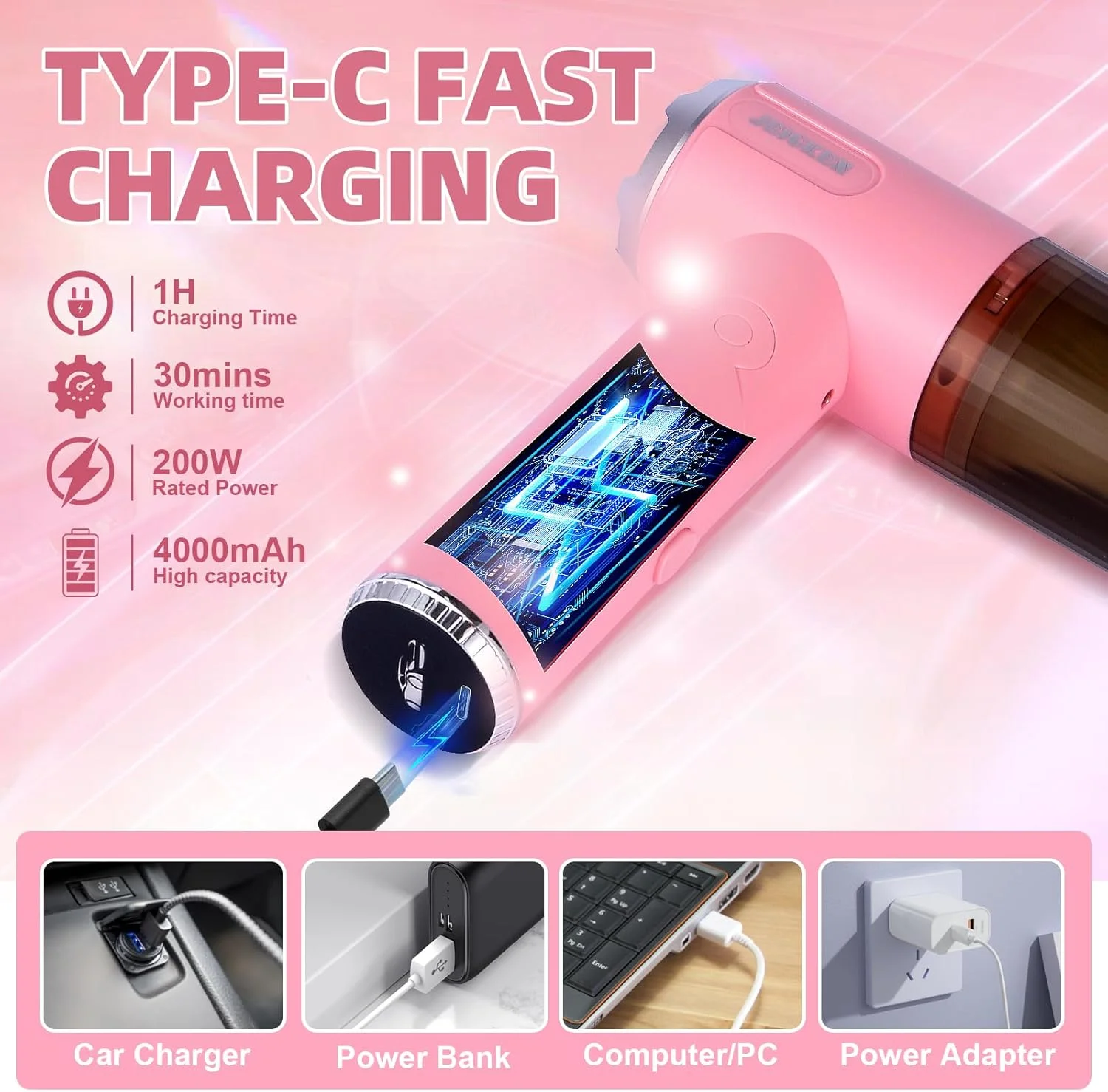 جاروبرقی شارژی JEIGKEN، جاروبرقی دستی شارژی با چراغ LED، جاروبرقی کوچک قابل حمل بی سیم با مکش قوی، جاروبرقی صورتی برای دفتر و خانه