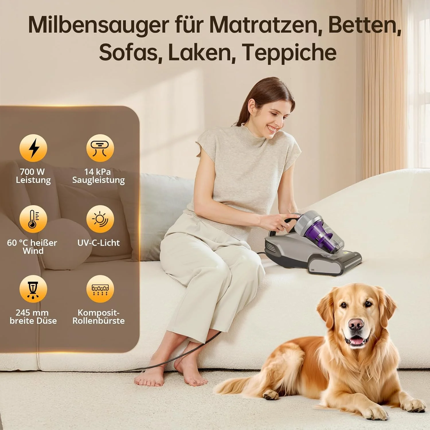 جاروبرقی تشک جیمی مدل JV35، جاروبرقی 700 واتی ضد کنه با نور فرابنفش، جاروبرقی دستی سیم دار با قدرت مکش 14 کیلو پاسکال با فیلتر هپا برای تخت، مبل، بالش و غیره، بنفش