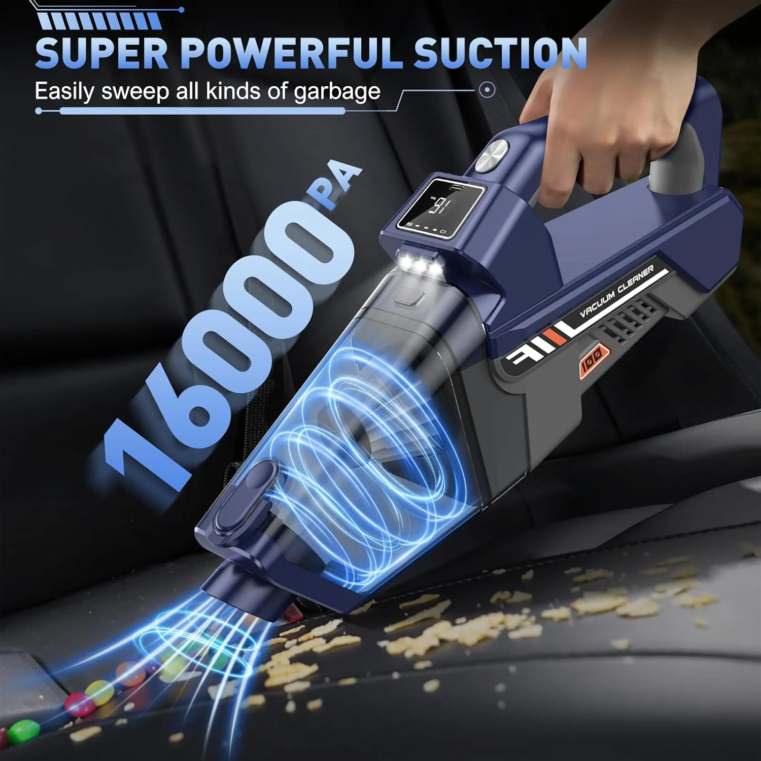 جاروبرقی دستی بی سیم JONYJ، جاروبرقی خودرو با قدرت بالا 16000PA، جاروبرقی دستی قابل حمل با چراغ LED و نازل های متعدد، گرد و غبار گیر شارژی برای خانه، خودرو، دفتر، حیوانات خانگی
