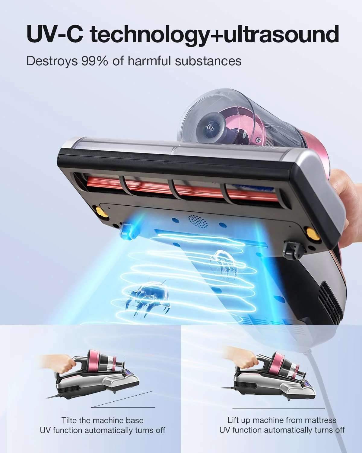 جاروبرقی تشک جیمی، جاروبرقی تخت خواب با نور UV-C و فراصوت، مکش 15Kpa و قدرت 500 وات، جاروبرقی دستی قدرتمند برای گرد و غبار و موی حیوانات خانگی با HEPA (BX5 Pro، سیمی)