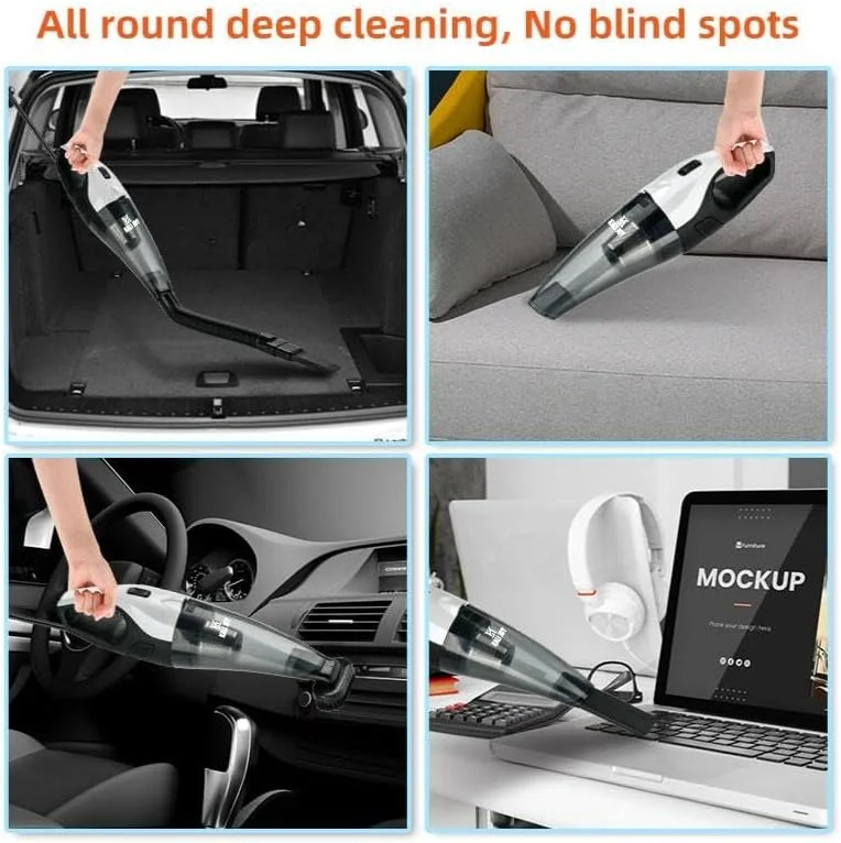 جاروبرقی دستی شارژی خودرو کالی جوی، مینی دمنده هوای قابل حمل 4 در 1 با چراغ LED برای خودرو، خانه، آشپزخانه و فرش (سیاه و سفید)