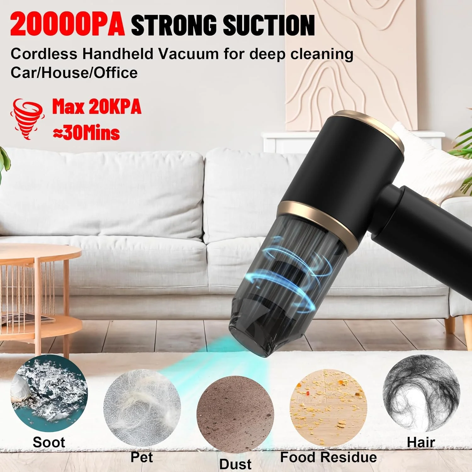 جاروبرقی دستی خودرو LAZYROSY، قابل حمل و بی سیم، 20000PA قدرت بالا، جاروبرقی 4 در 1، گردگیر هوا و دمنده هوا با موتور براشلس 4000 میلی آمپر ساعتی و نازل های چندگانه برای خودرو، خانه، دفتر، کمپینگ، حیوانات خانگی