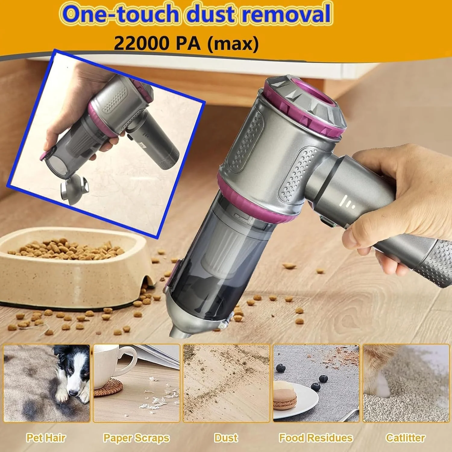 جاروبرقی دستی سبک وزن با مکش قوی 80000 دور در دقیقه برای تمیز کردن فضای داخلی خودرو، 35 دقیقه کارکرد با شارژ Type C و کاهش صدا