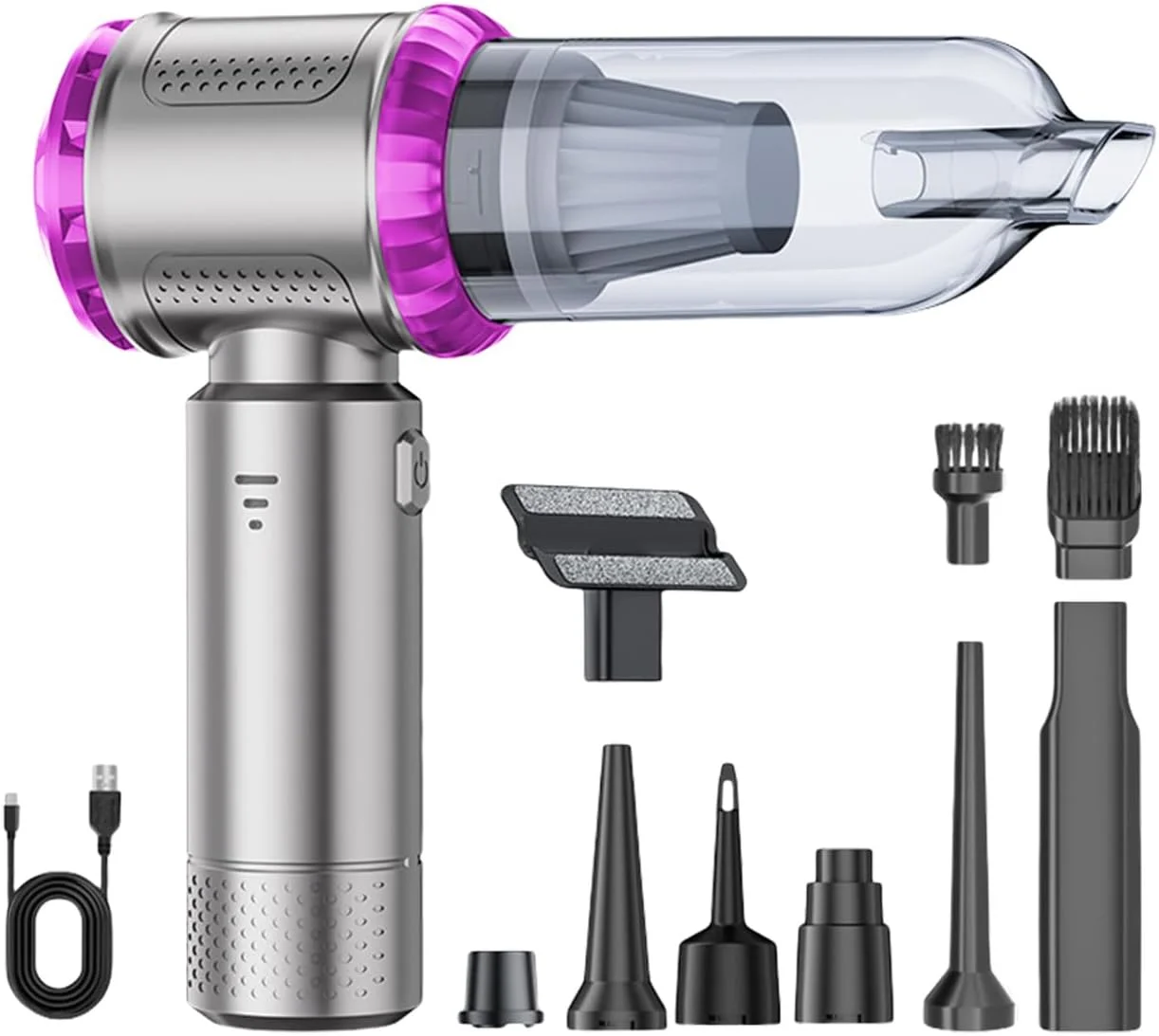 جاروبرقی دستی سبک وزن با مکش قوی 80000 دور در دقیقه برای تمیز کردن فضای داخلی خودرو، 35 دقیقه کارکرد با شارژ Type C و کاهش صدا