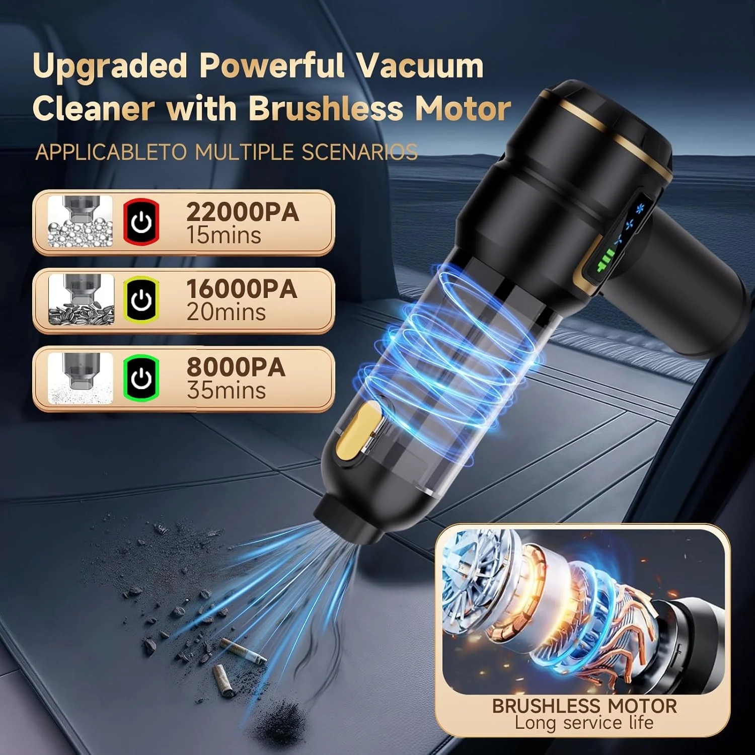 جاروبرقی خودرویی بی سیم Lyiazsoy، جاروبرقی کوچک با قدرت بالای 22000PA، جاروبرقی دستی شارژی، مناسب موی حیوانات خانگی، منزل، اداره، آشپزخانه (طلایی مشکی)