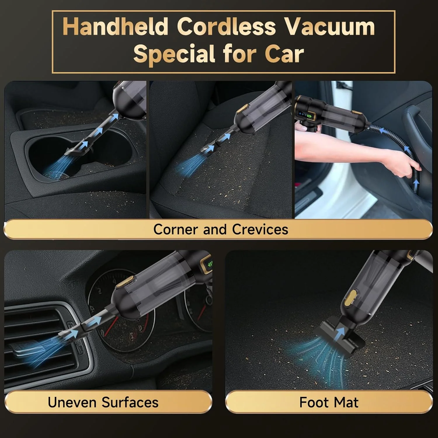 جاروبرقی خودرویی بی سیم Lyiazsoy، جاروبرقی کوچک با قدرت بالای 22000PA، جاروبرقی دستی شارژی، مناسب موی حیوانات خانگی، منزل، اداره، آشپزخانه (طلایی مشکی)