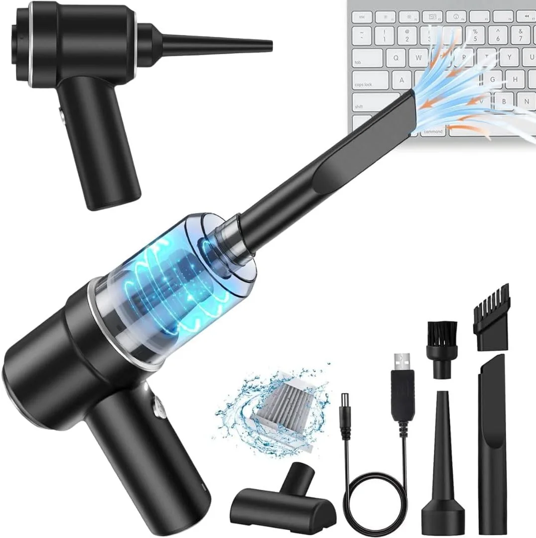 جاروبرقی کوچک دستی قابل حمل و ارتقا یافته 2024، گردگیر برقی و بی‌سیم با چراغ LED، جاروبرقی کوچک 2 در 1 قابل شارژ 4.5K PA برای خودرو، صفحه کلید و کامپیوتر