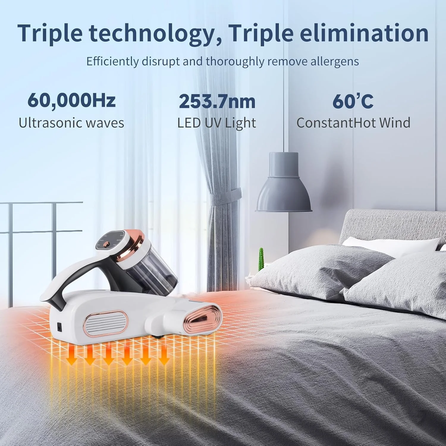 جاروبرقی تشک با نور فرابنفش UV-C، جاروبرقی قابل حمل تشک با فناوری گرمایش بالا و برس رولی، ارتقاء یافته با دو محفظه گرد و غبار و دهانه مکش پهن، جاروبرقی دستی برای تخت، فرش و مبل