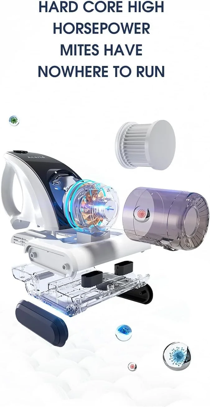 جاروبرقی تشک، تمیز کننده UV تختخواب 12KPa دستی ارتقا یافته برای تمیز کردن موثر تخت، بالش، مبل پارچه ای، فرش و سایر سطوح پارچه ای (CC)