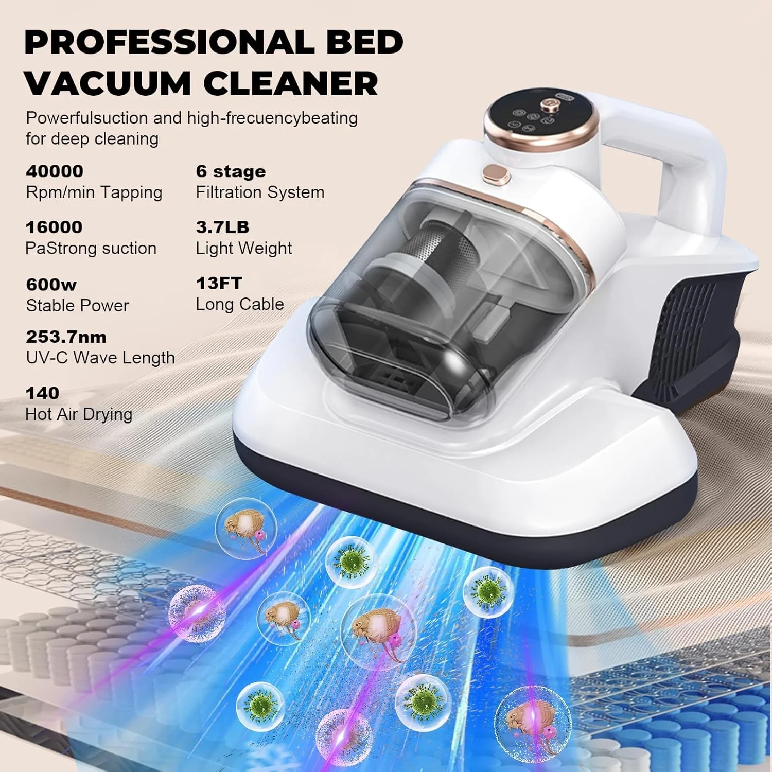 جاروبرقی تشک، جاروبرقی دستی UV-C با قدرت مکش 16Kpa، دارای دو محفظه گرد و غبار، فیلتر قابل شستشو، فناوری گرمایش بالا و UV برای تمیز کردن عمیق، بدون سیم جاروبرقی تشک، جاروبرقی دستی UV-C با قدرت مکش 16Kpa، دارای دو محفظه گرد و غبار، فیلتر قابل شستشو، فناوری گرمایش بالا و UV برای تمیز کردن عمیق، بدون سیم
