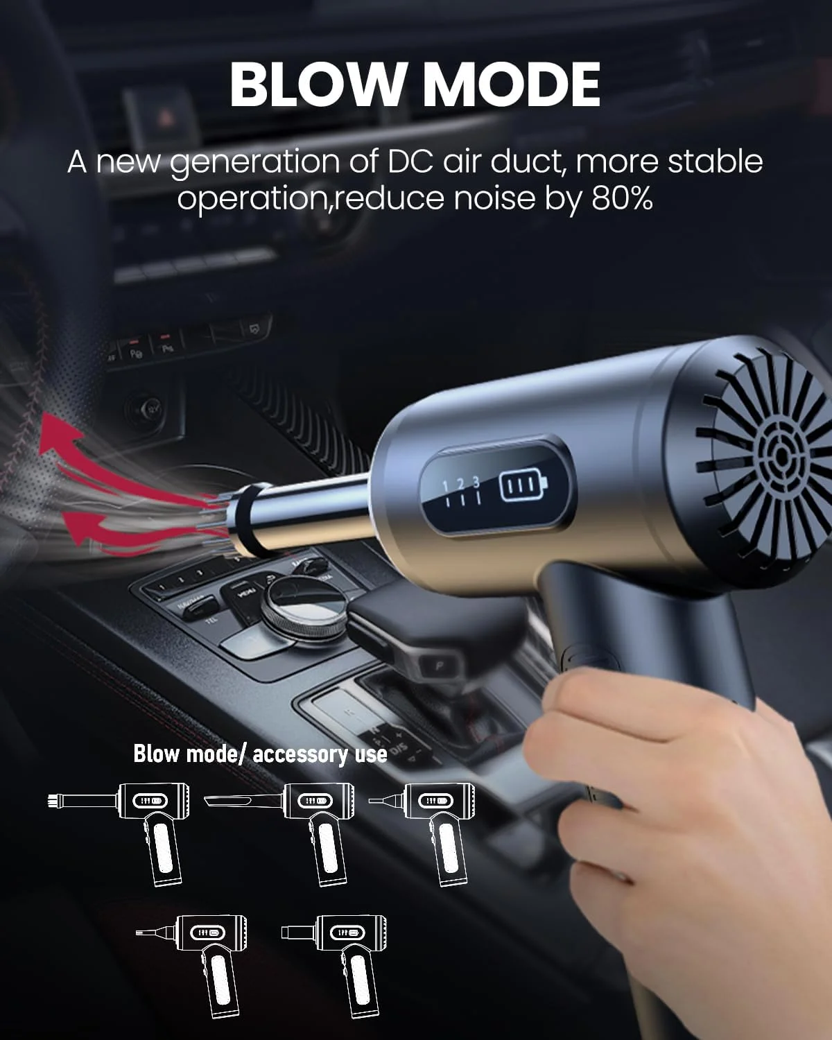 دمنده هوای بی‌سیم 2 در 1 Moxedo، قابل تنظیم در 3 حالت، دستی قابل حمل، دو حالته دمنده و مکنده، 50000 دور در دقیقه با چراغ LED برای تمیز کننده صفحه کلید، کامپیوتر و ماشین