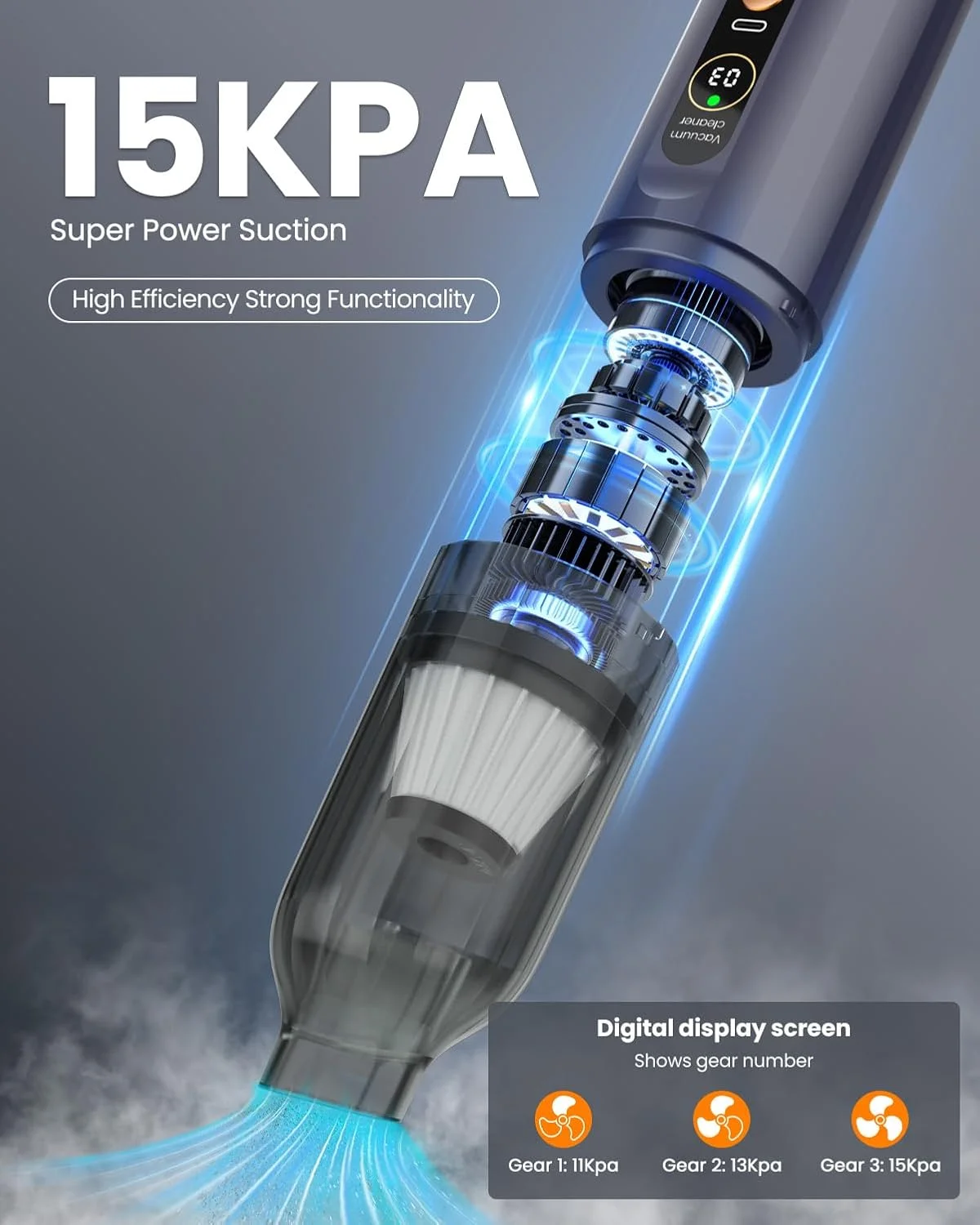 جاروبرقی خودرو، جاروبرقی دستی 4 در 1 Musclez، جاروبرقی کوچک قابل حمل 15000Pa با صفحه نمایش LED، جاروبرقی شارژی با مکش قوی برای تمیز کردن خودرو، خانه، و دفتر