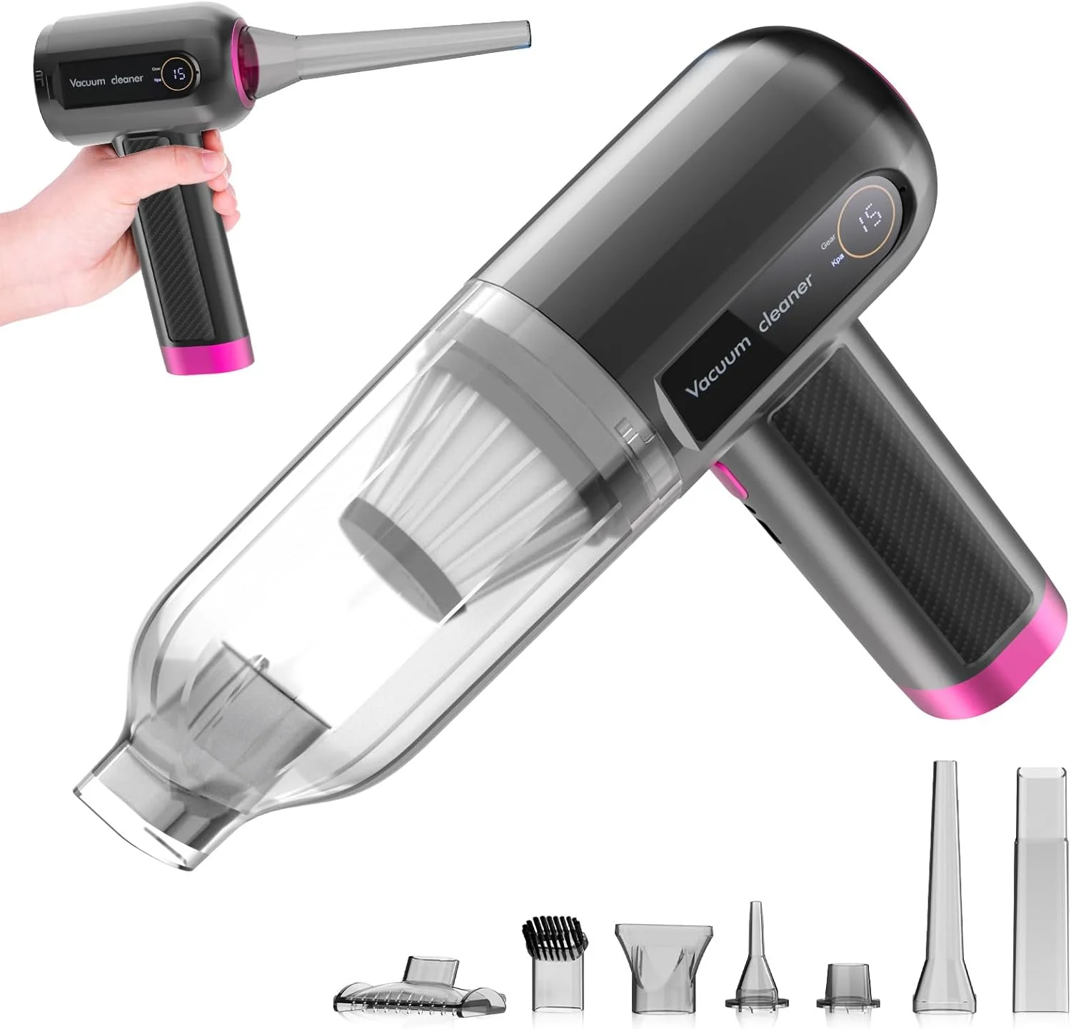 جاروبرقی دستی 4 در 1 خودرو، جاروبرقی قابل حمل و بی سیم 15000Pa با صفحه نمایش LED، دمنده هوا، پمپ دستی، جاروبرقی کوچک قابل شارژ با مکش قوی برای تمیز کردن خودرو، خانه، و دفتر (مشکی + صورتی)