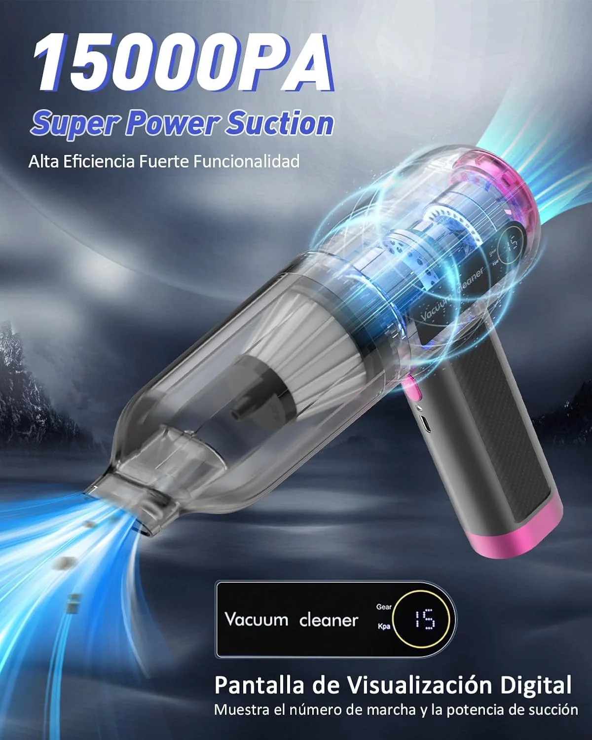 جاروبرقی دستی 4 در 1 خودرو، جاروبرقی قابل حمل و بی سیم 15000Pa با صفحه نمایش LED، دمنده هوا، پمپ دستی، جاروبرقی کوچک قابل شارژ با مکش قوی برای تمیز کردن خودرو، خانه، و دفتر (مشکی + صورتی)