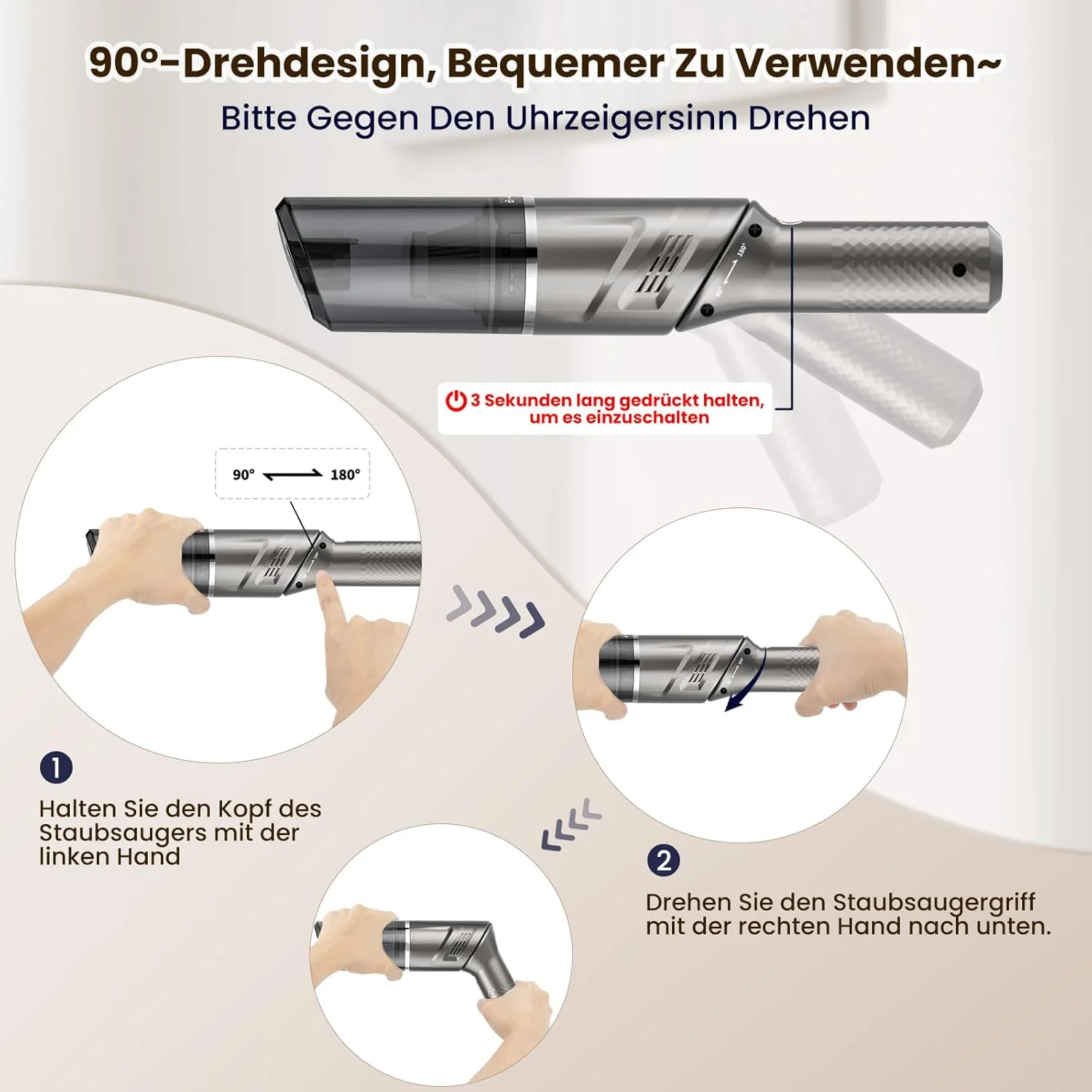 جاروبرقی دستی، جاروبرقی قدرتمند 12000 پاسکال برای خودرو، جاروبرقی دستی مینی سبک وزن با دسته چرخان، مکش سایکلون قوی برای تمیز کردن خودرو، پله ها، مبل ها و گوشه ها