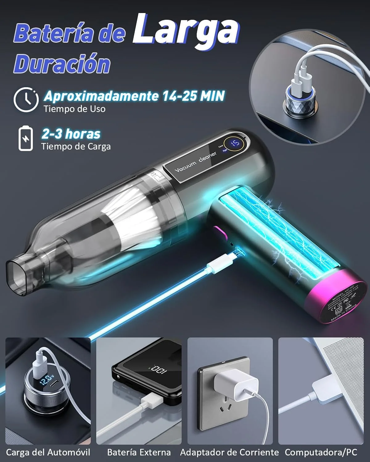 جاروبرقی دستی 4 در 1 خودرو، جاروبرقی قابل حمل و بی سیم 15000Pa با صفحه نمایش LED، دمنده هوا، پمپ دستی، جاروبرقی کوچک قابل شارژ با مکش قوی برای تمیز کردن خودرو، خانه، و دفتر (مشکی + صورتی)