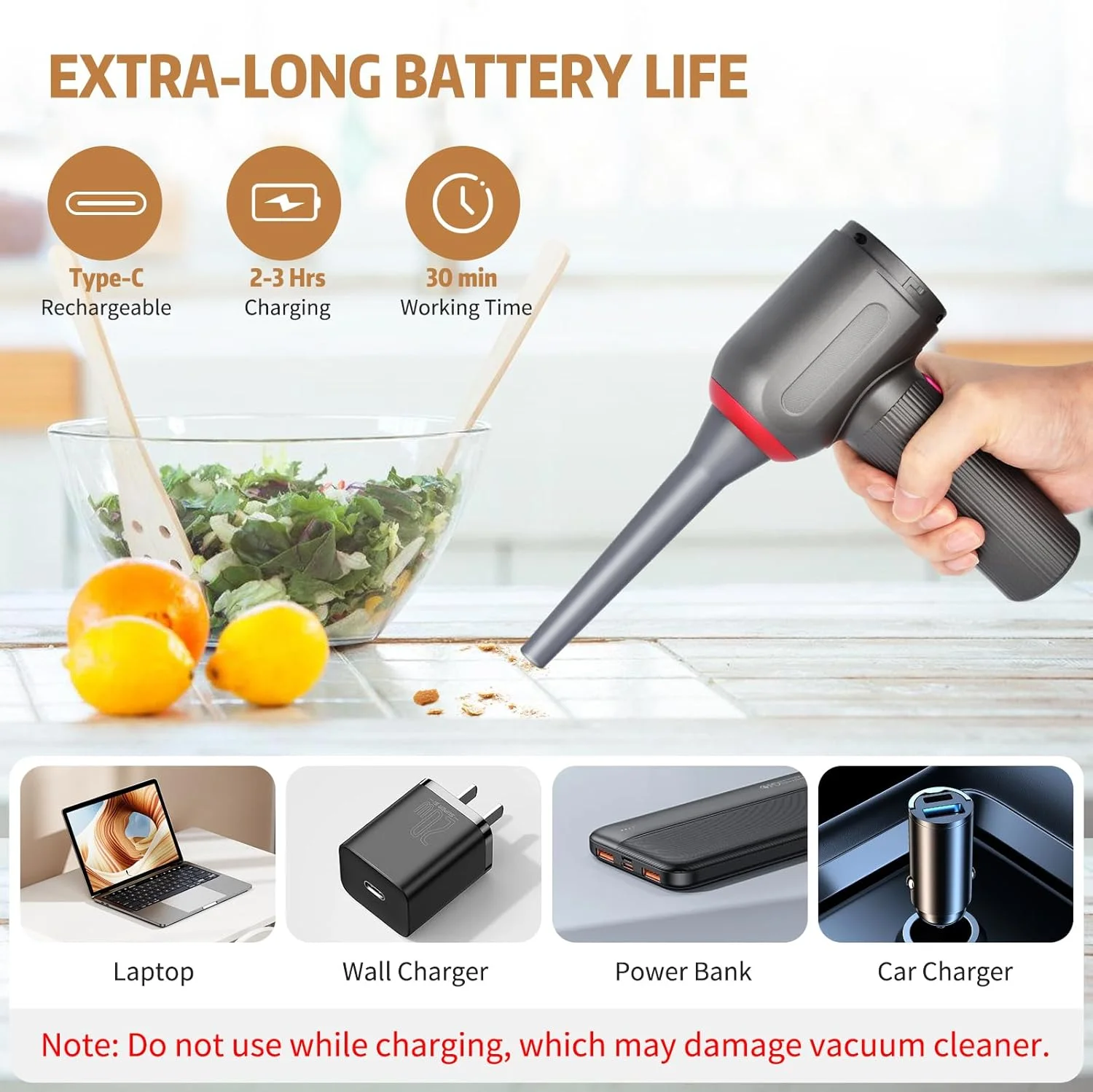 جاروبرقی دستی شارژی Nextronix - جاروبرقی خودرو قابل حمل با مکش قوی، زمان کارکرد طولانی 15-35 دقیقه، موتور DC قابل شارژ، جاروبرقی کوچک سبک وزن برای خانه، خودرو، دفتر، حیوانات خانگی (خاکستری)