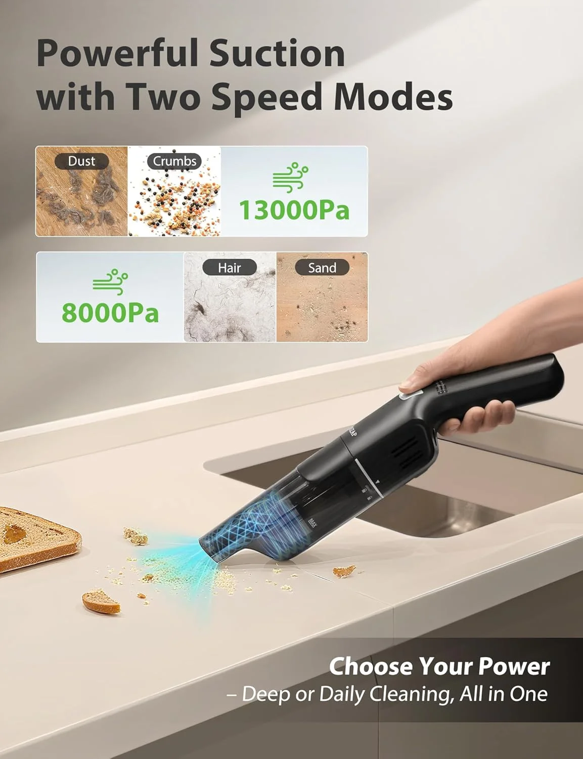 جاروبرقی دستی بی سیم MUZAP، جاروبرقی قدرتمند 15KPA برای خودرو، 30 دقیقه کارکرد، قابل شارژ+پایه شارژ، مخزن گرد و غبار جداشدنی 500 میلی لیتری، وزن سبک 635 گرم، برس تمیز کننده 2 در 1، تمیز کردن آشپزخانه، موی حیوانات خانگی، خودرو، مشکی