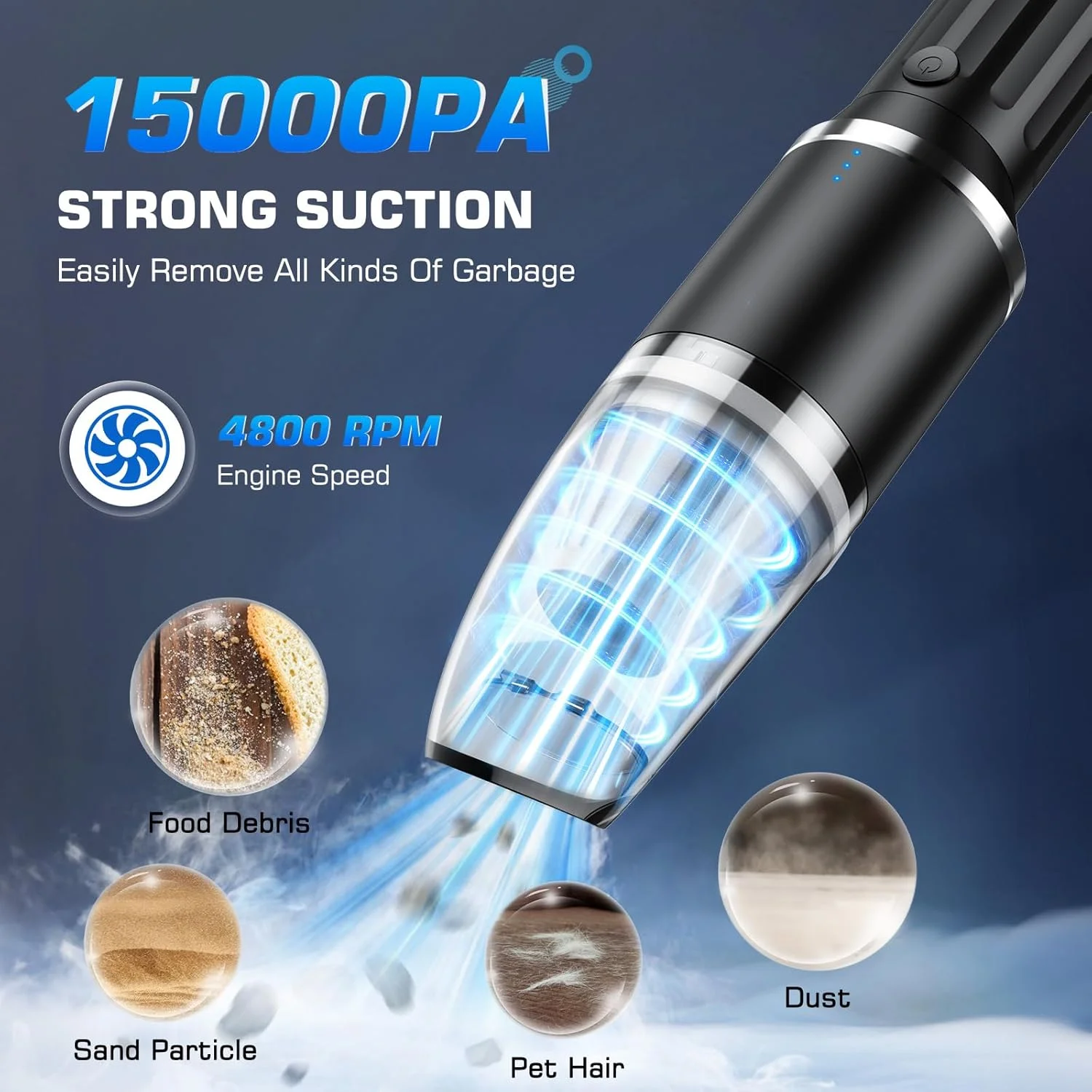 جاروبرقی دستی 4 در 1 خودرو، جاروبرقی قابل حمل و بی سیم 15000Pa با صفحه نمایش LED، دمنده هوا، پمپ دستی، مکش قوی قابل شارژ برای تمیز کردن خودرو، خانه، دفتر