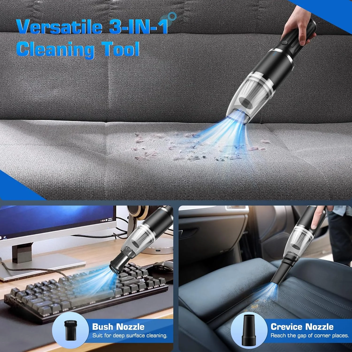 جاروبرقی دستی 4 در 1 خودرو، جاروبرقی قابل حمل و بی سیم 15000Pa با صفحه نمایش LED، دمنده هوا، پمپ دستی، مکش قوی قابل شارژ برای تمیز کردن خودرو، خانه، دفتر