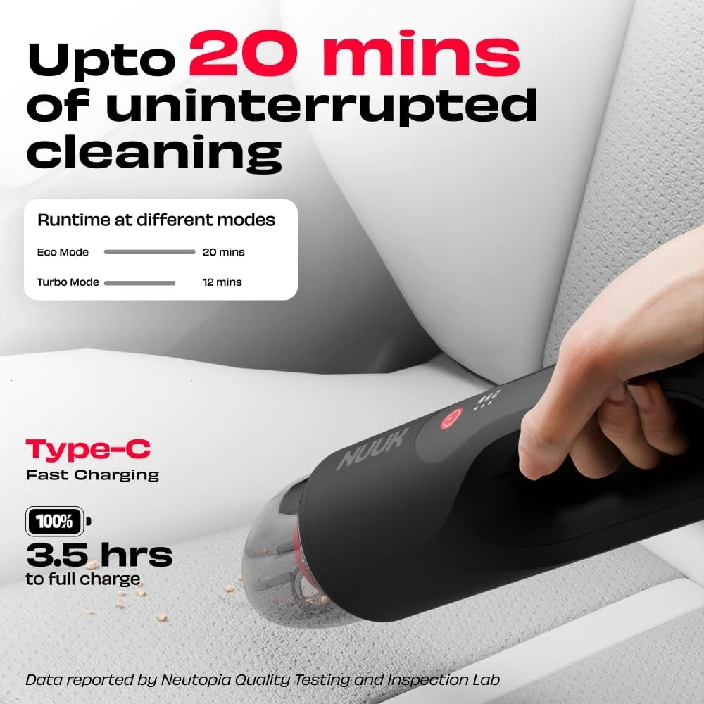 جاروبرقی شارژی خودرو و منزل نوک رن گو، مکش 2 برابر بیشتر، 11000 پاسکال، عملکرد 4 در 1 با دمندگی هوا، 7 سری + کیف نگهداری، فیلتراسیون دوگانه با HEPA، موتور BLDC، 2 حالت مکش