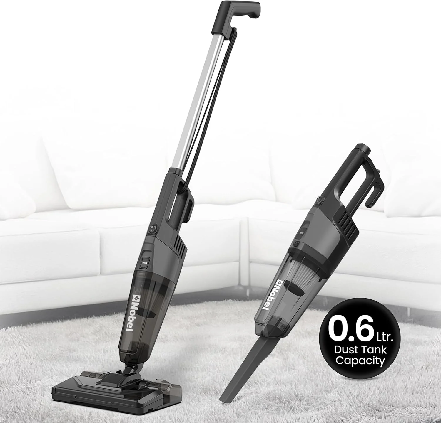 جاروبرقی عصایی نوبل مدل NVC19T، سبک و قدرتمند با مکش قوی 600 وات، جریان هوای 18 لیتر بر ثانیه، راندمان 20%، دارای فیلتر هپا و مخزن گرد و غبار 0.6 لیتری