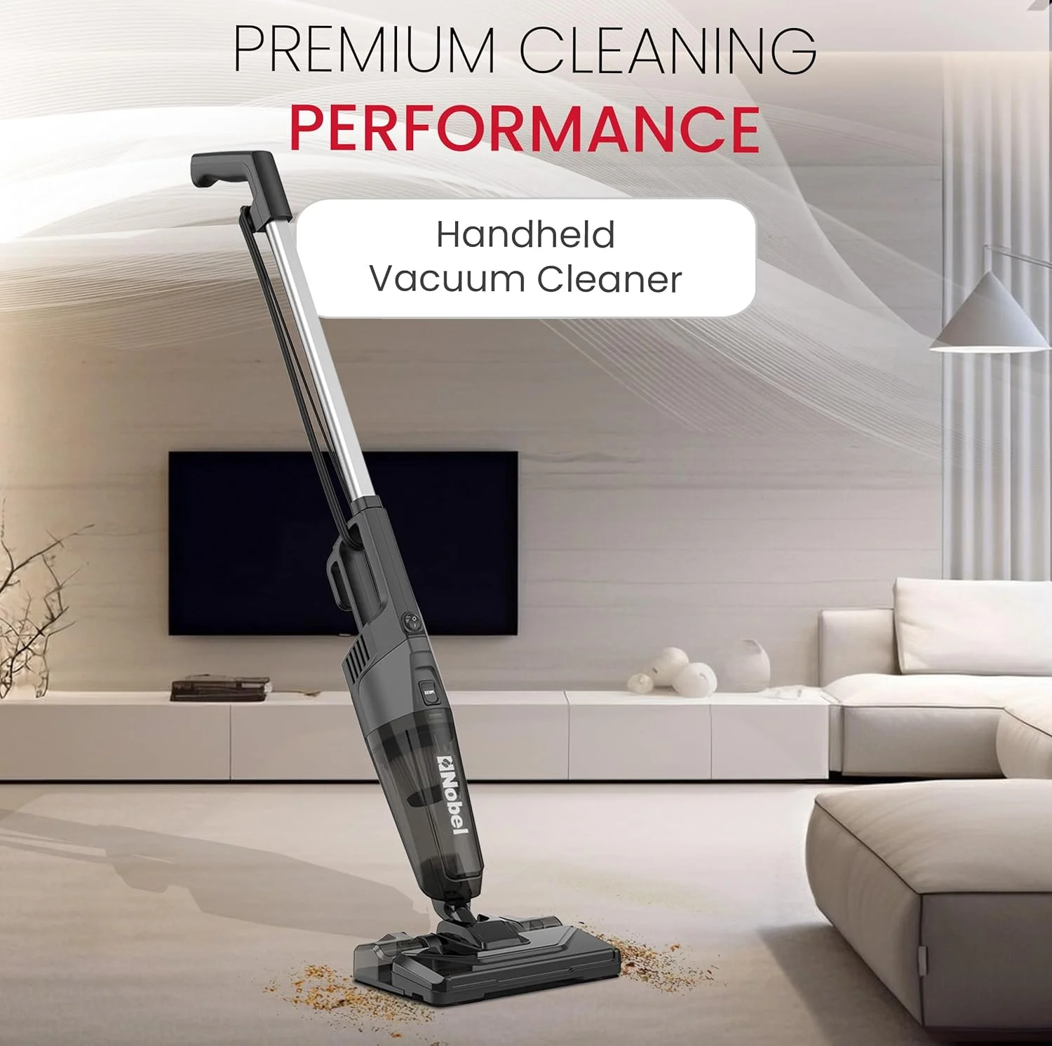 جاروبرقی عصایی نوبل مدل NVC19T، سبک و قدرتمند با مکش قوی 600 وات، جریان هوای 18 لیتر بر ثانیه، راندمان 20%، دارای فیلتر هپا و مخزن گرد و غبار 0.6 لیتری