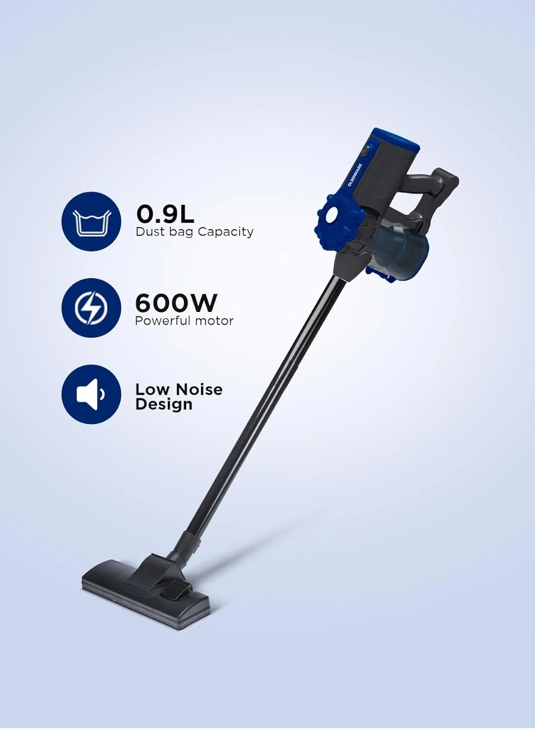 جاروبرقی عصایی دستی 600 وات Olsenmark مدل OMVC1857، ظرفیت کیسه گرد و غبار 0.5 لیتر، طول سیم 5 متر، مجهز به 2 عدد لوله پلاستیکی