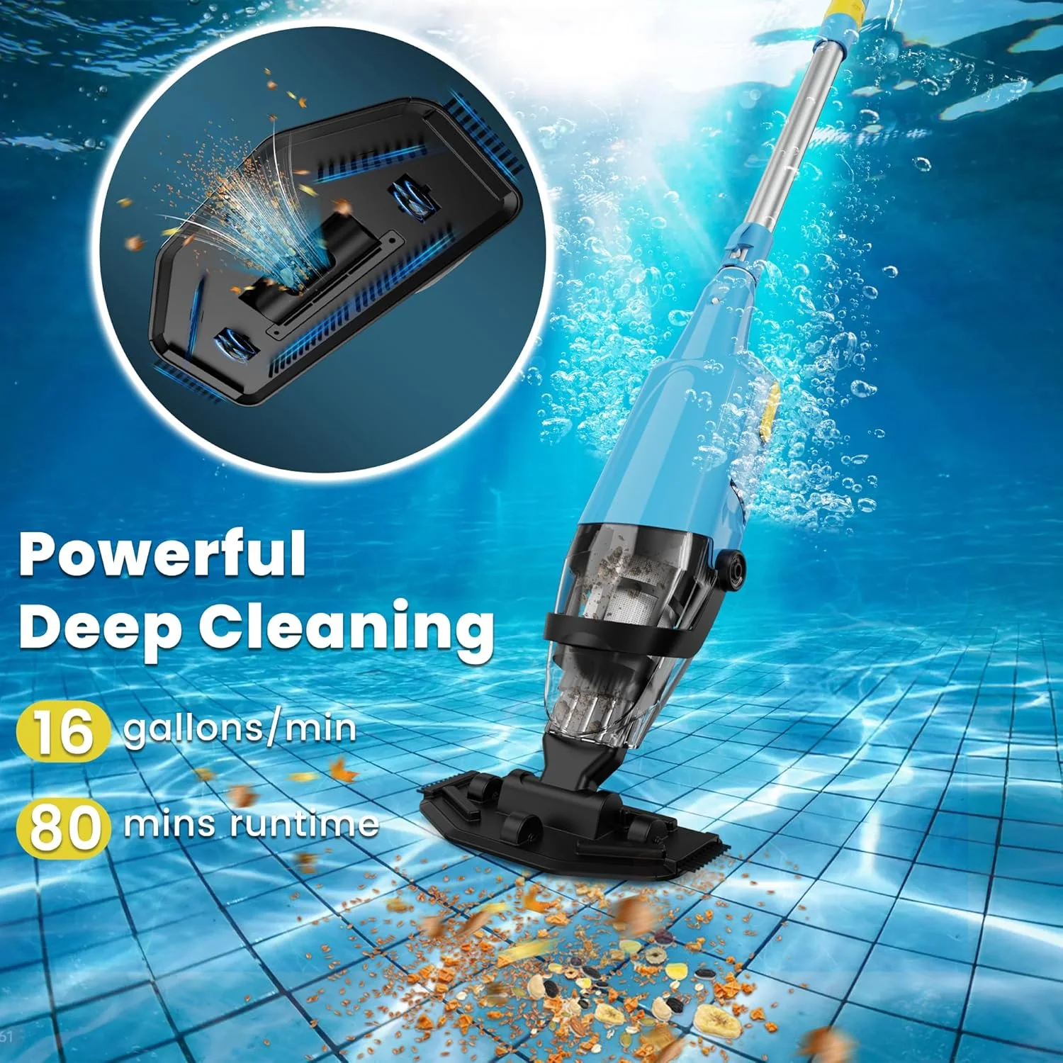 جاروبرقی استخری شارژی Oxseryn، جاروبرقی دستی قابل شارژ برای استخرهای روکار، شارژ سریع، زمان کارکرد طولانی، ایده آل برای شن و ماسه و آوار