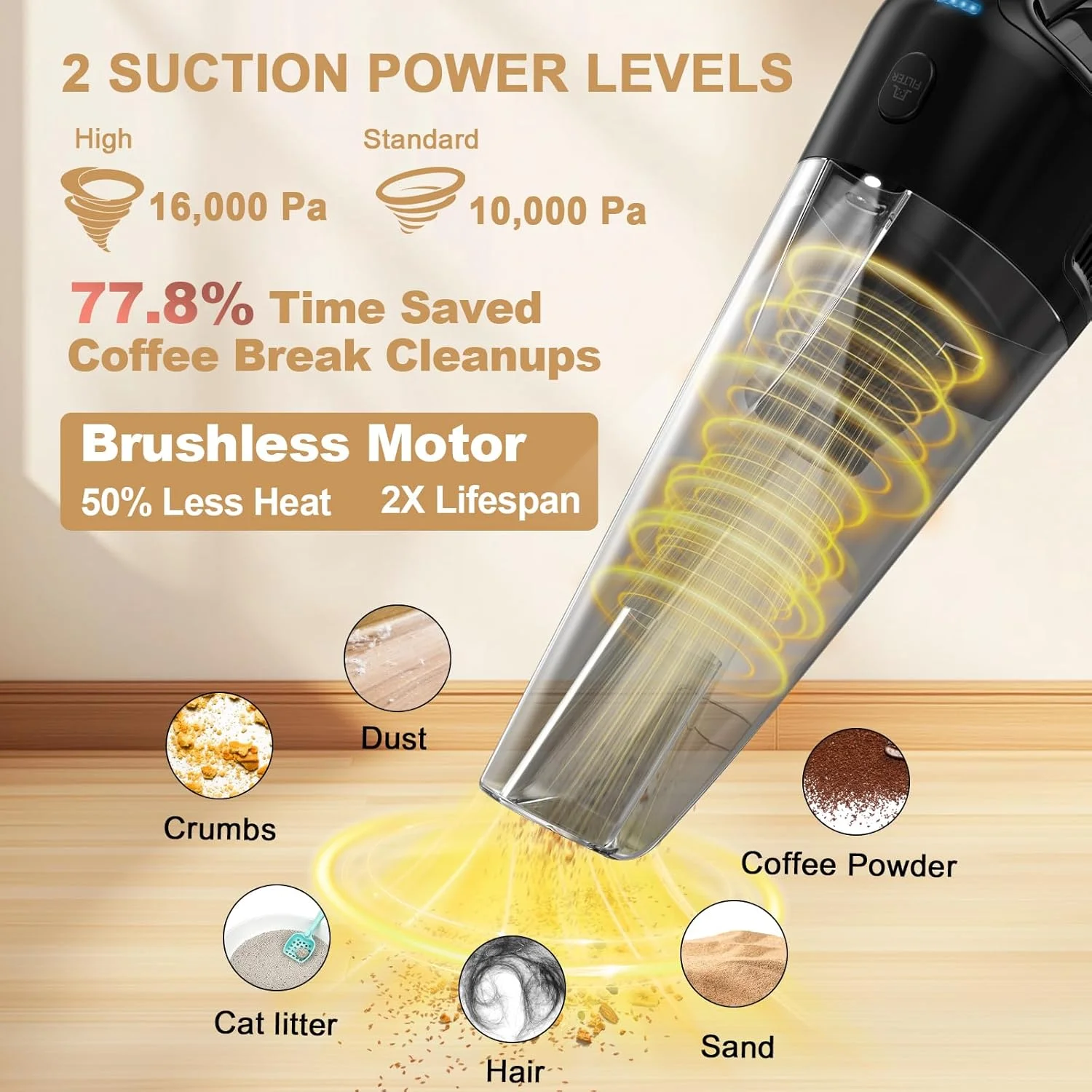 جاروبرقی دستی بی سیم: با مکش فوق العاده قوی 16KPa، قابل حمل و سبک با پایه شارژ سریع، چراغ LED، مخزن گرد و غبار فوق العاده بزرگ 0.8 لیتری، عمر باتری طولانی برای خانه